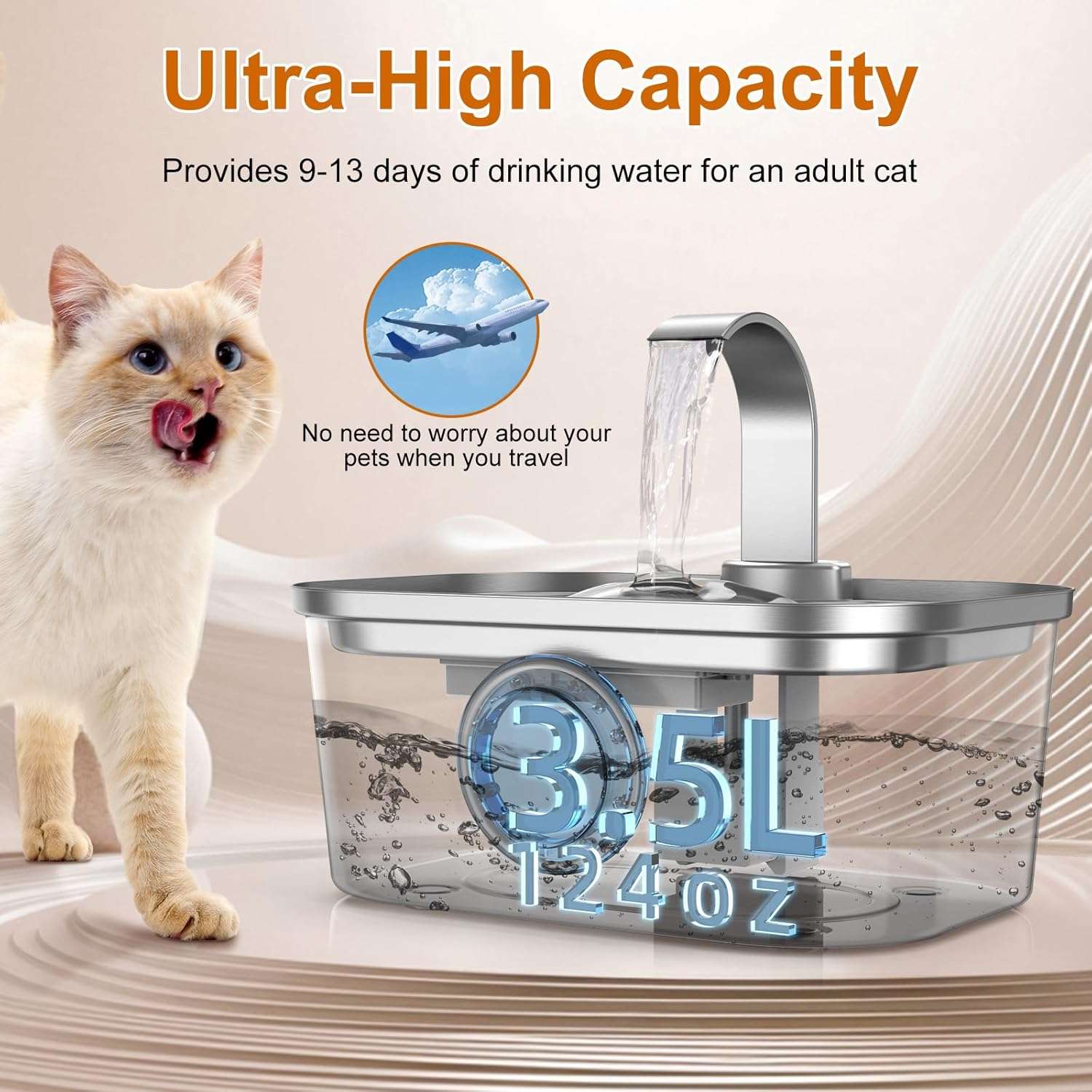 Fuente de agua de acero inoxidable 3.5 litros para gatos y perros con ventana transparente y luz LED.