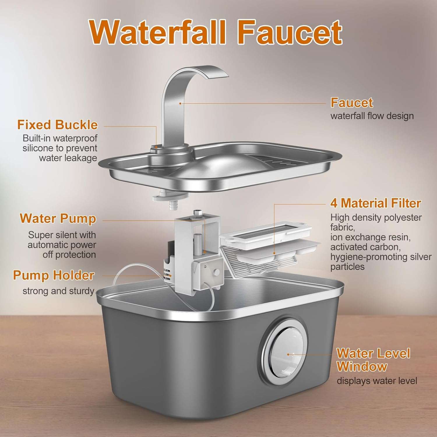 Fuente de agua de acero inoxidable 3.5 litros para gatos y perros con ventana transparente y luz LED.