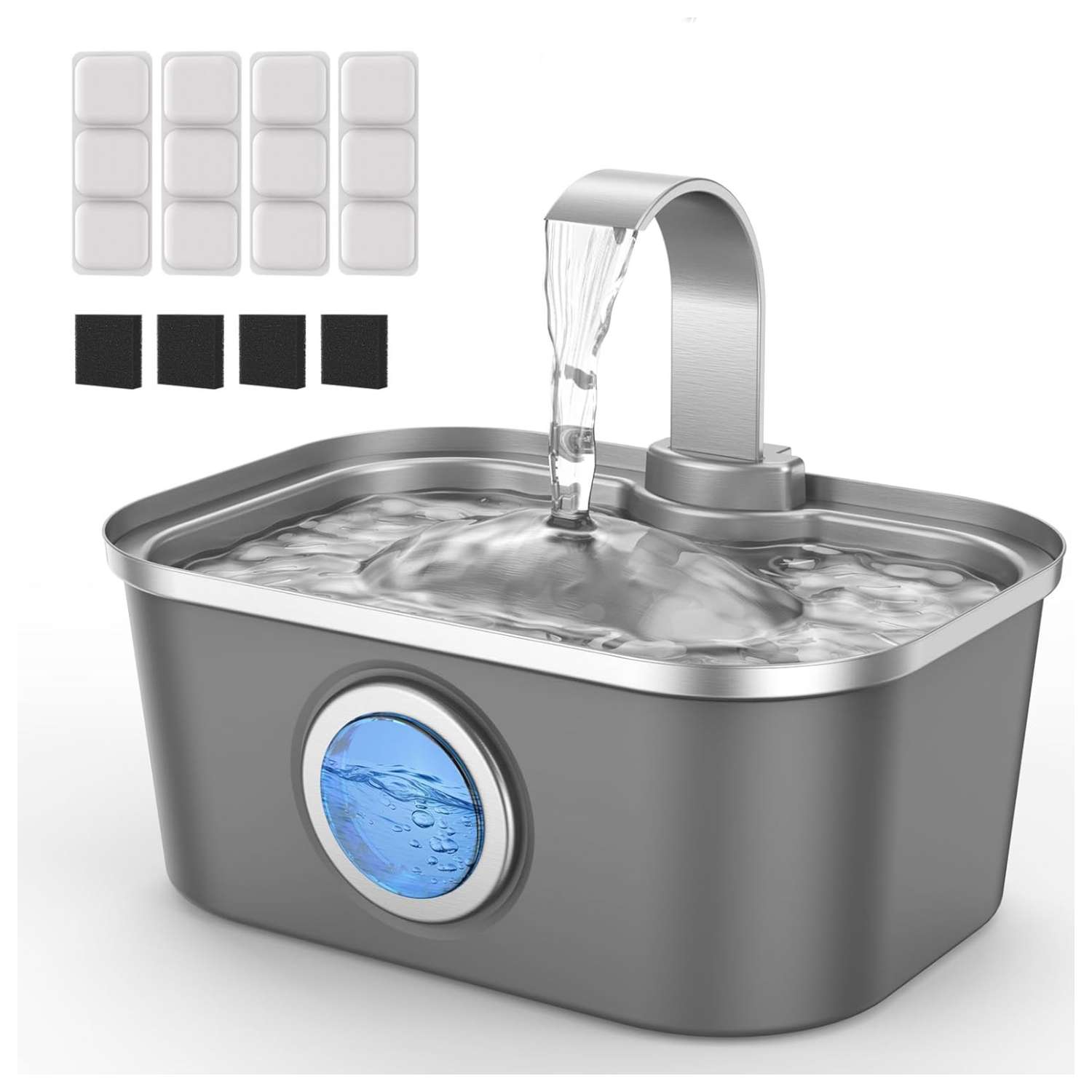 Fuente de agua de acero inoxidable 3.5 litros para gatos y perros con ventana transparente y luz LED.