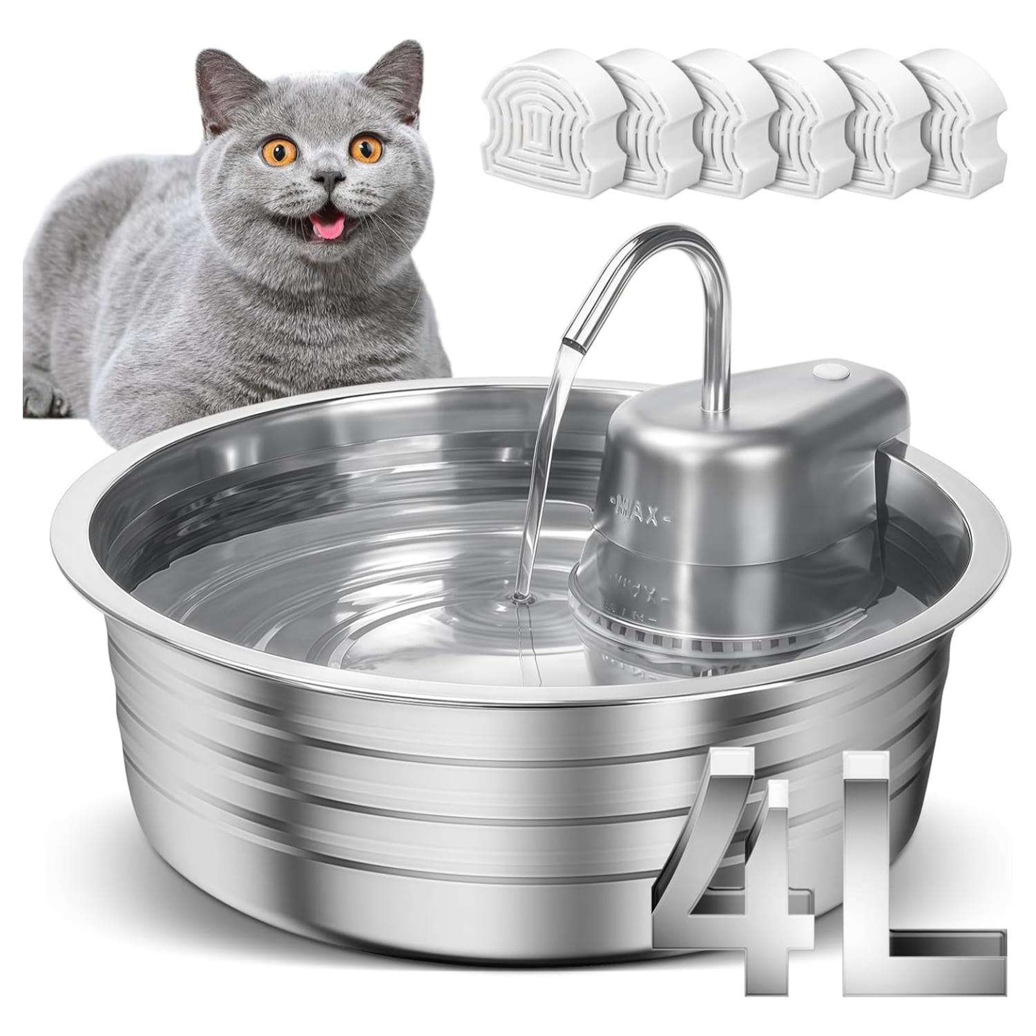 Fuente de agua de 4 litros acero inoxidable tipo grifo para gatos y perros pack con 6 filtros incluidos.