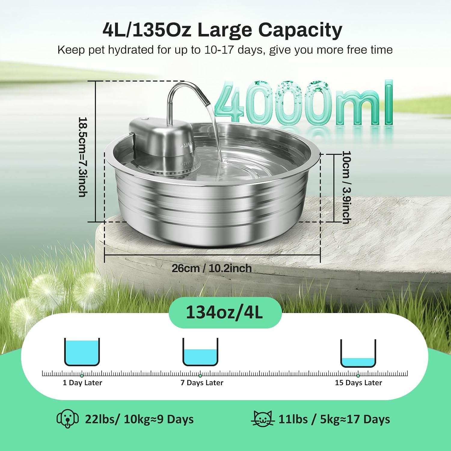 Fuente de agua de 4 litros acero inoxidable tipo grifo para gatos y perros pack con 6 filtros incluidos.