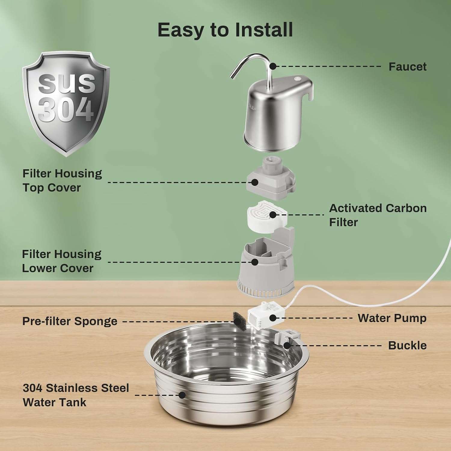 Fuente de agua de 4 litros acero inoxidable tipo grifo para gatos y perros pack con 6 filtros incluidos.