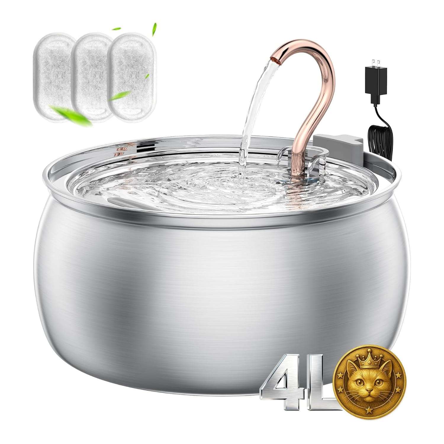 Fuente de agua de acero inoxidable de 4 litros para gatos y perros tipo grifo con filtro de carbon y bomba silenciosa.