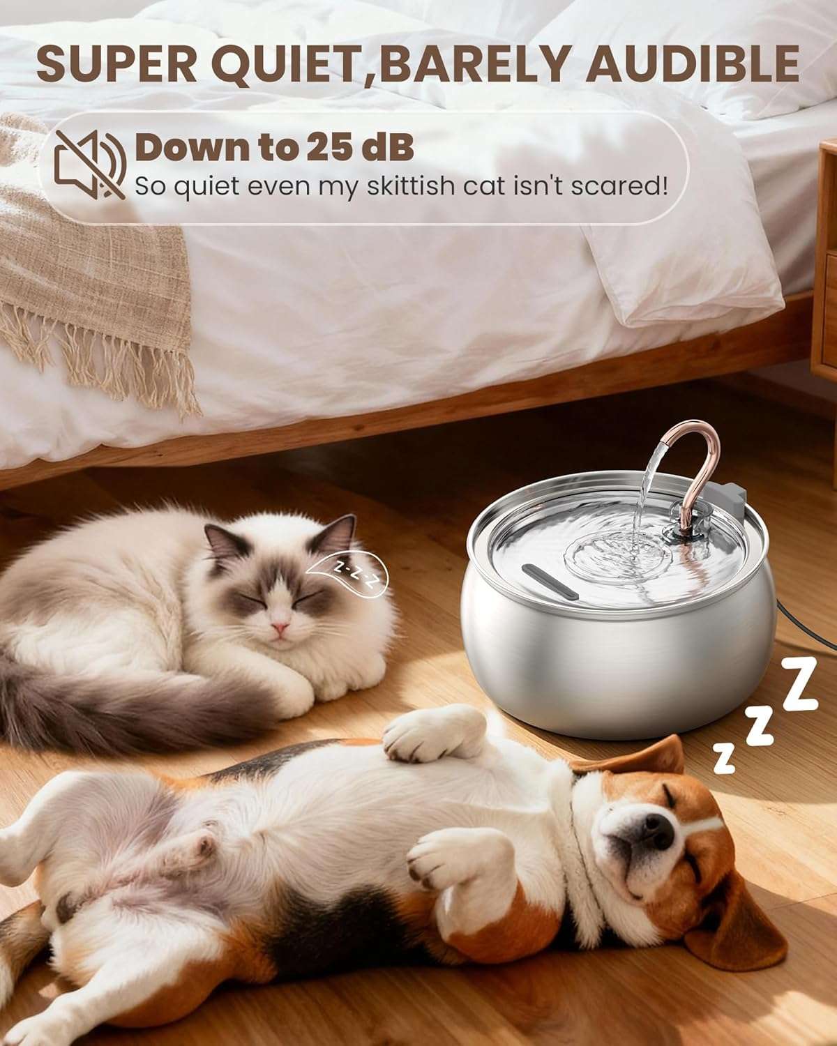 Fuente de agua de acero inoxidable de 4 litros para gatos y perros tipo grifo con filtro de carbon y bomba silenciosa.