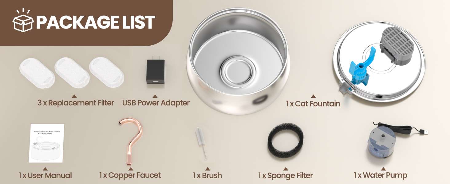 Fuente de agua de acero inoxidable de 4 litros para gatos y perros tipo grifo con filtro de carbon y bomba silenciosa.