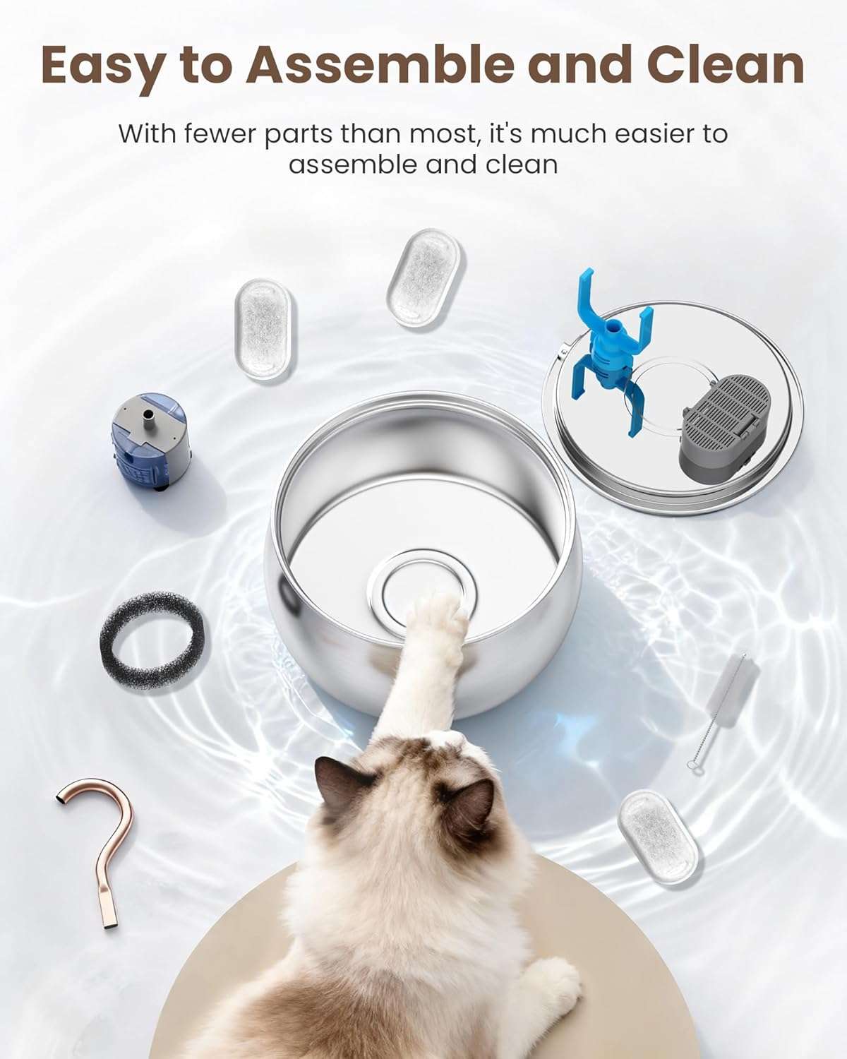 Fuente de agua de acero inoxidable de 4 litros para gatos y perros tipo grifo con filtro de carbon y bomba silenciosa.