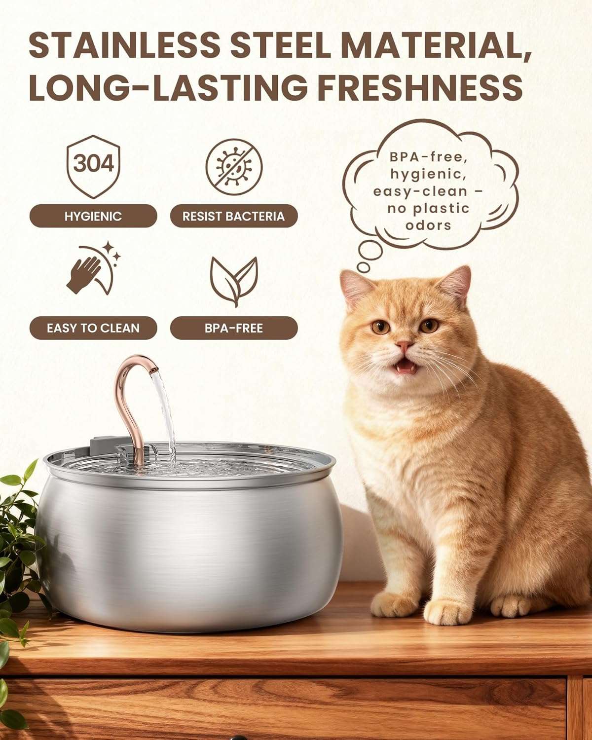 Fuente de agua de acero inoxidable de 4 litros para gatos y perros tipo grifo con filtro de carbon y bomba silenciosa.