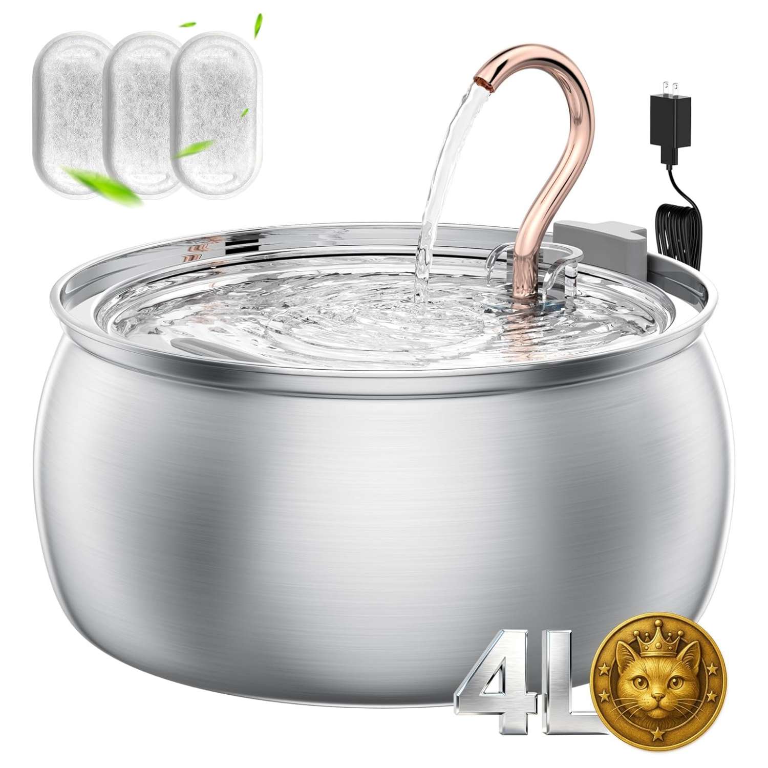 Fuente de agua de acero inoxidable de 4 litros para gatos y perros tipo grifo con filtro de carbon y bomba silenciosa.