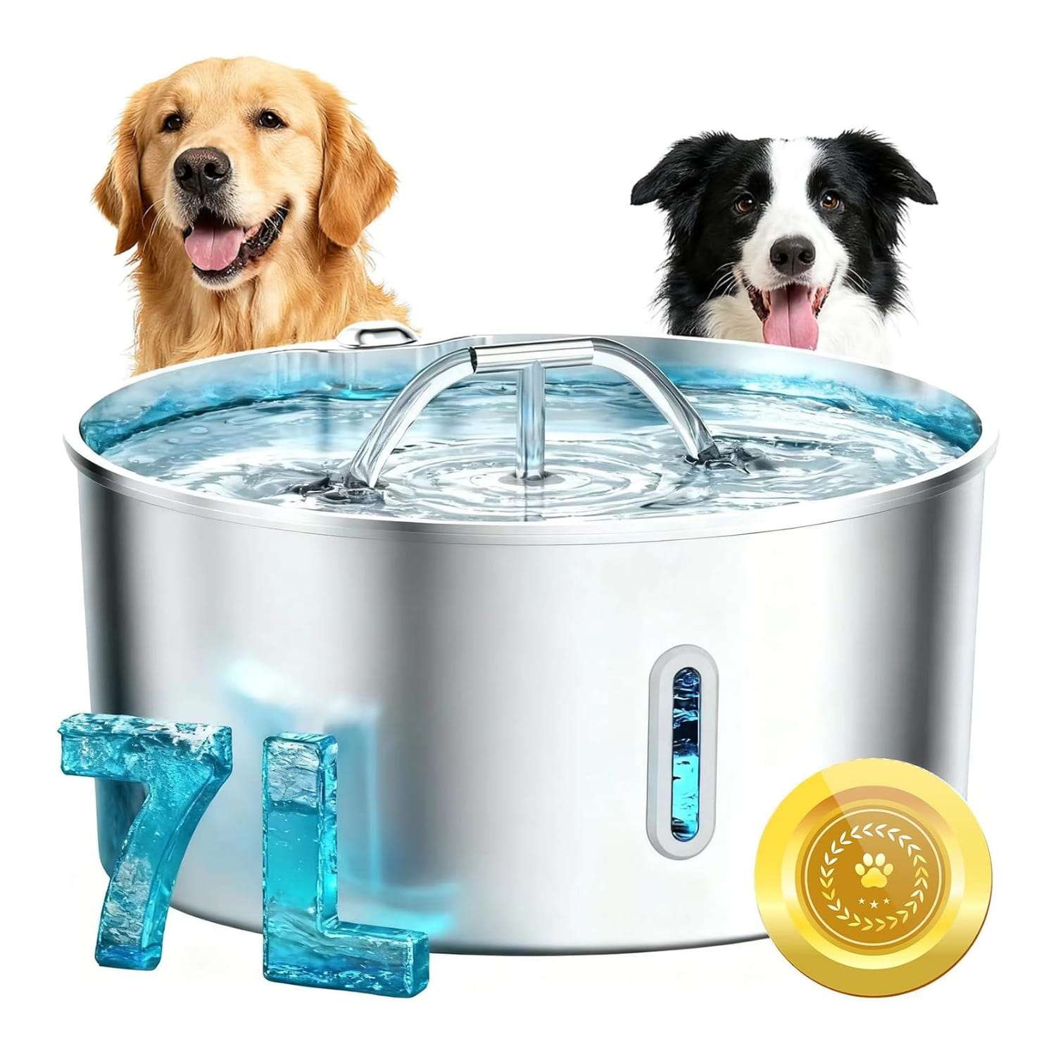 Fuente de agua de 7 litros acero inoxidable para perros grandes con ventana de nivel visible y grifo desmontable.