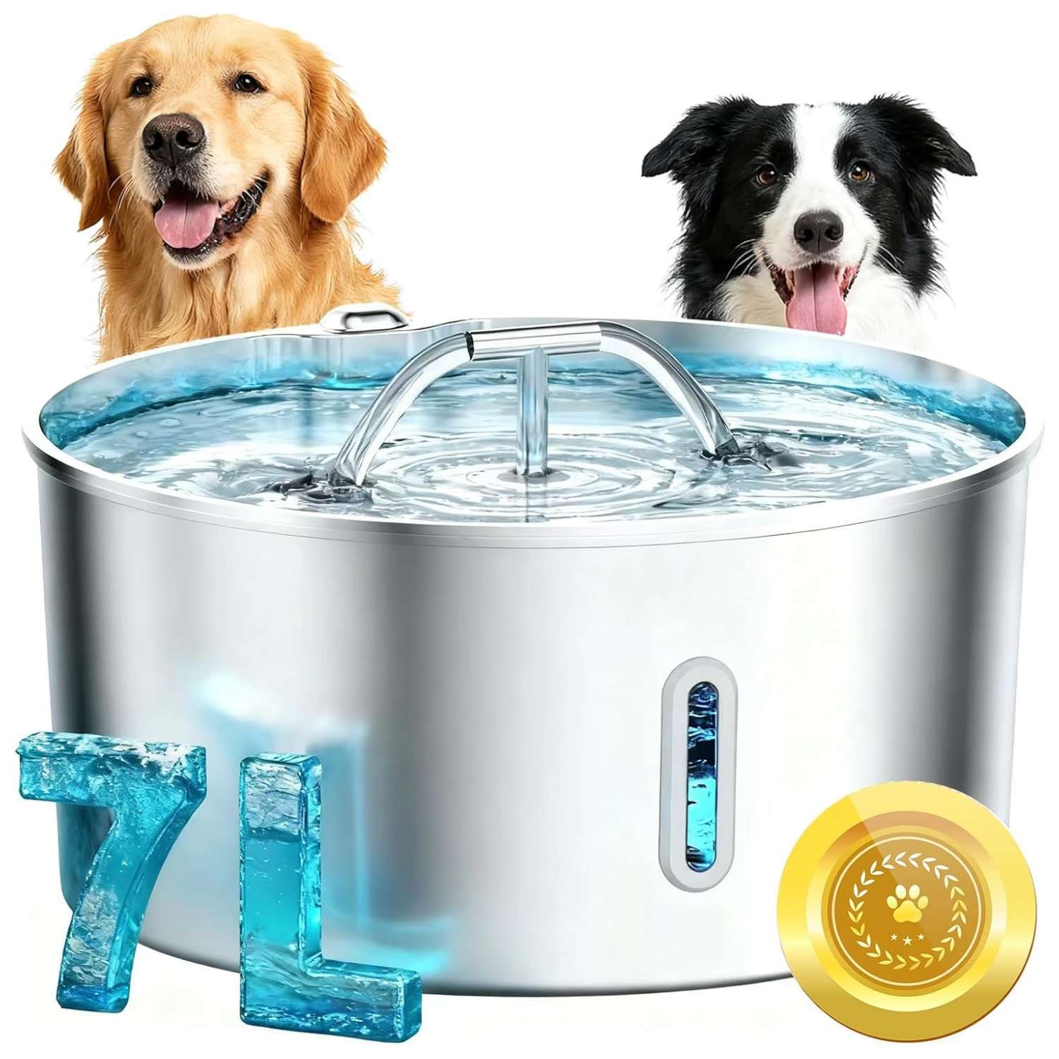 Fuente de agua de 7 litros acero inoxidable para perros grandes con ventana de nivel visible y grifo desmontable.