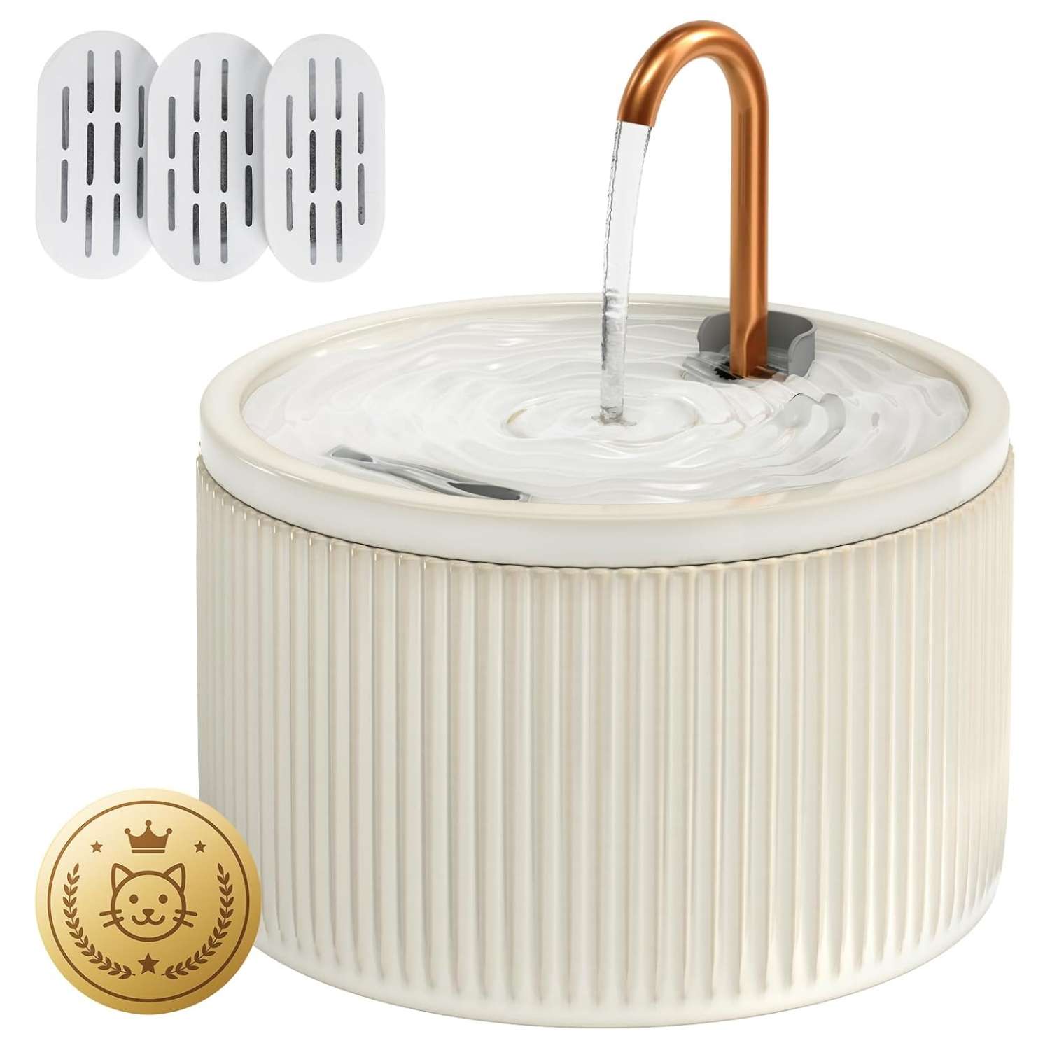 Fuente de agua de ceramica para gatos con flujo tipo grifo anti acne y bomba silenciosa.