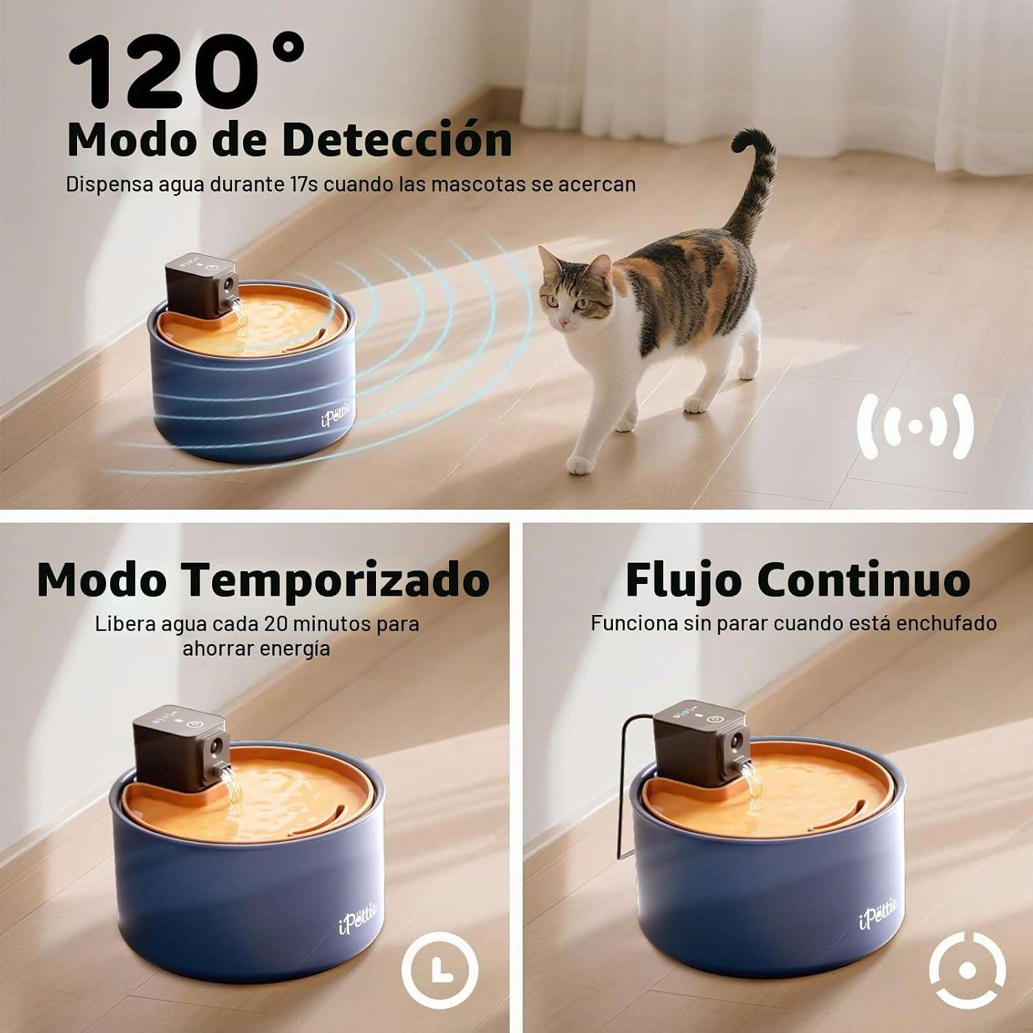 Fuente de agua de ceramica inalambrica 3.5 litros para gatos y perros con sensor de movimiento y bateria recargable.