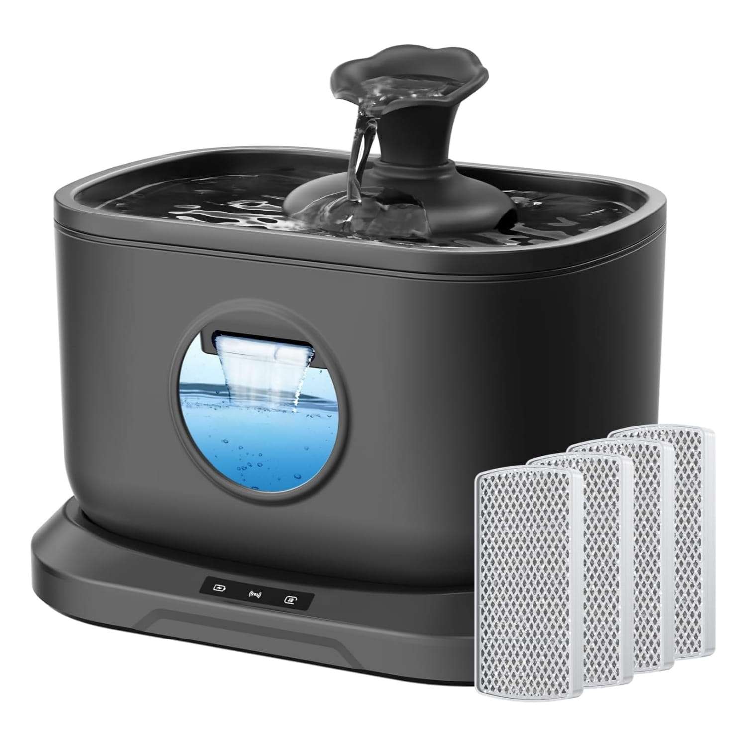 Fuente inalámbrica de 2.5L con sensor de radar preciso. Batería de 5000 mAh (30 días), bomba segura sin cables y 4 filtros incluidos. Tecnología avanzada para mascotas.