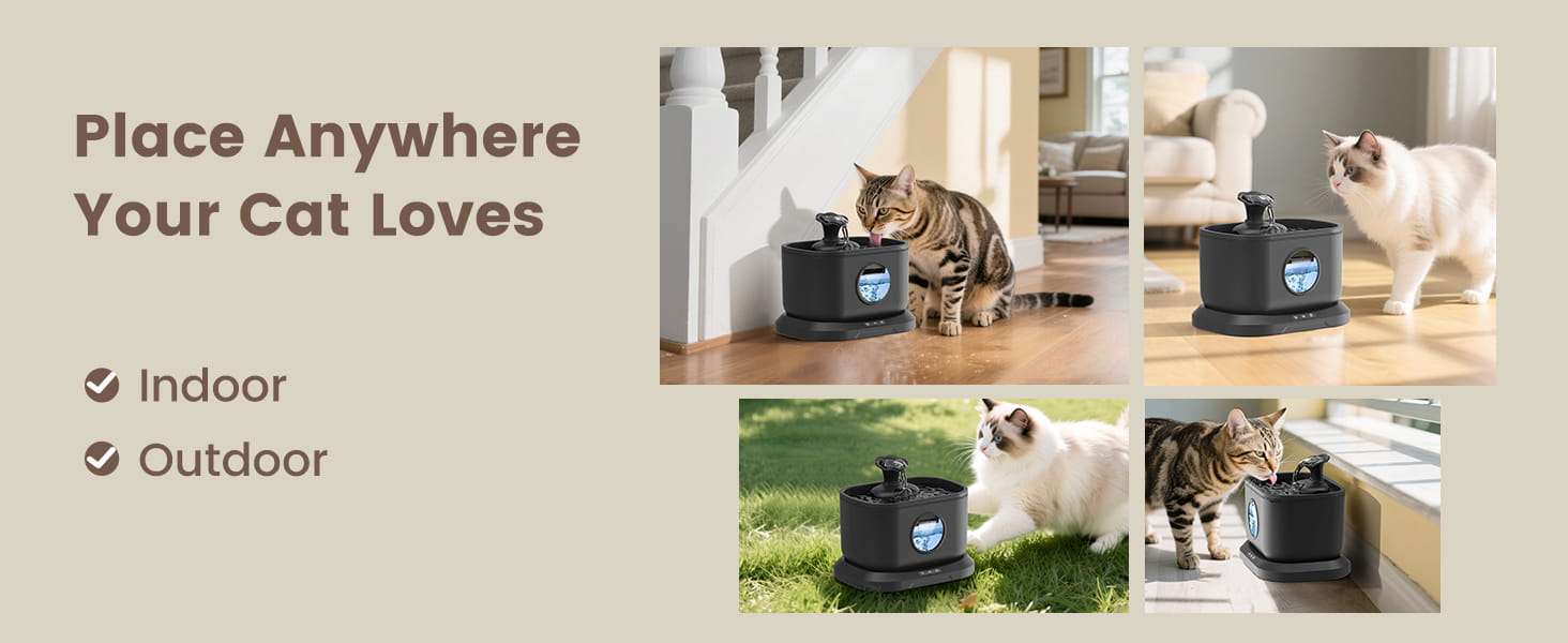 Fuente inalámbrica de 2.5L con sensor de radar preciso. Batería de 5000 mAh (30 días), bomba segura sin cables y 4 filtros incluidos. Tecnología avanzada para mascotas.