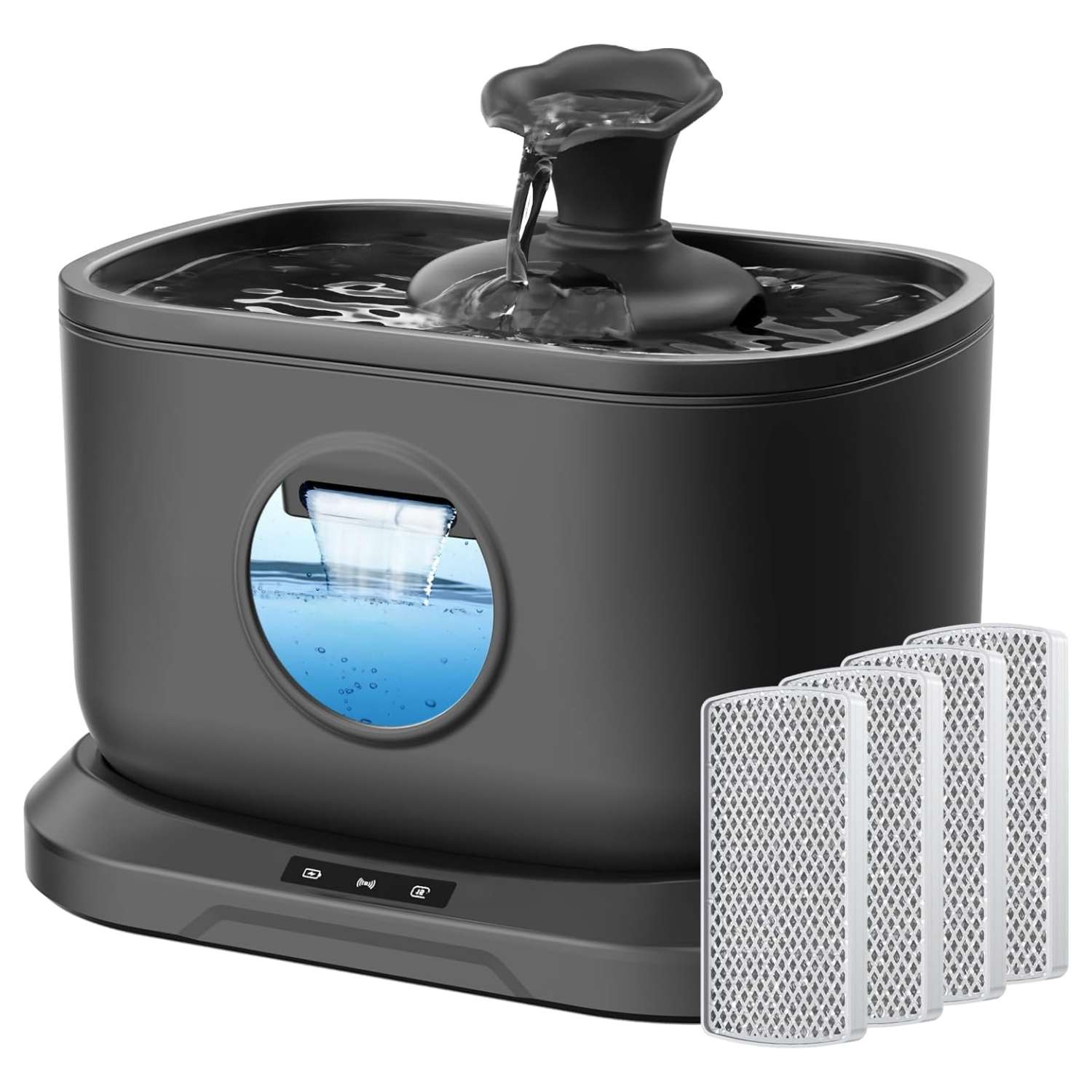 Fuente inalámbrica de 2.5L con sensor de radar preciso. Batería de 5000 mAh (30 días), bomba segura sin cables y 4 filtros incluidos. Tecnología avanzada para mascotas.