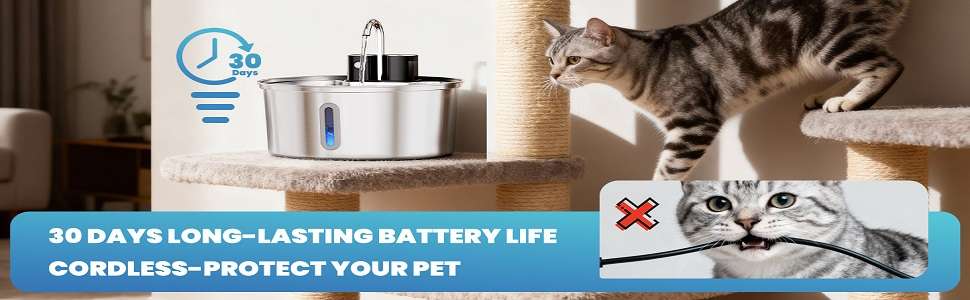 Fuente de agua inalambrica de 3.2 litros con plato de acero inoxidable sensor de movimiento y bateria recargable para gatos y perros.
