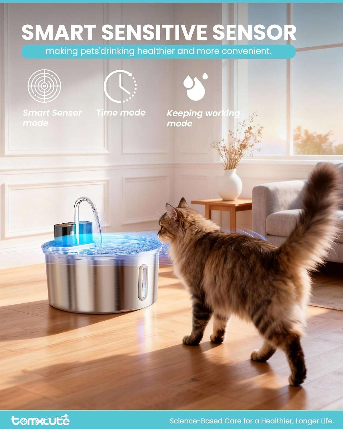 Fuente de agua inalambrica de 3.2 litros con plato de acero inoxidable sensor de movimiento y bateria recargable para gatos y perros.