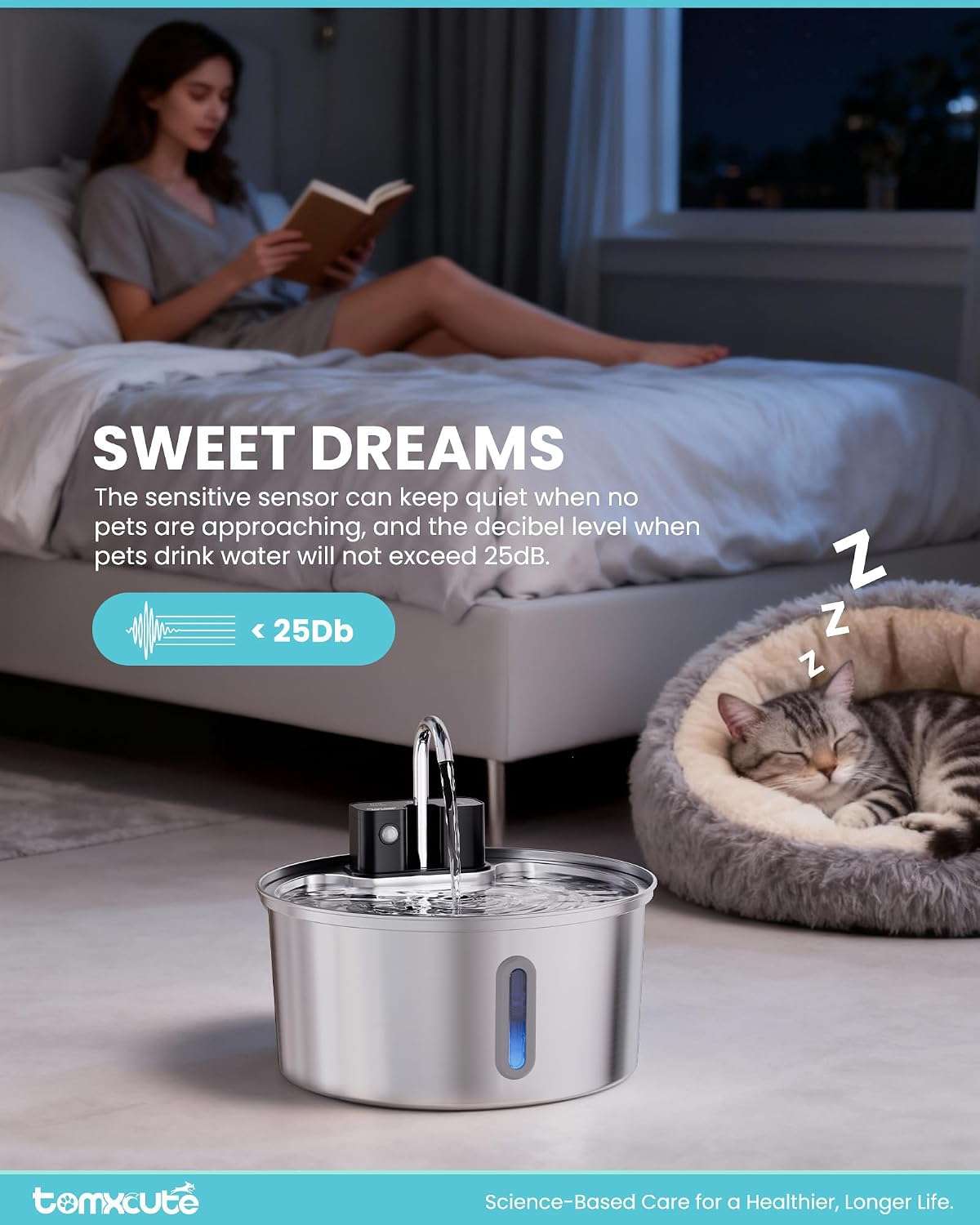 Fuente de agua inalambrica de 3.2 litros con plato de acero inoxidable sensor de movimiento y bateria recargable para gatos y perros.