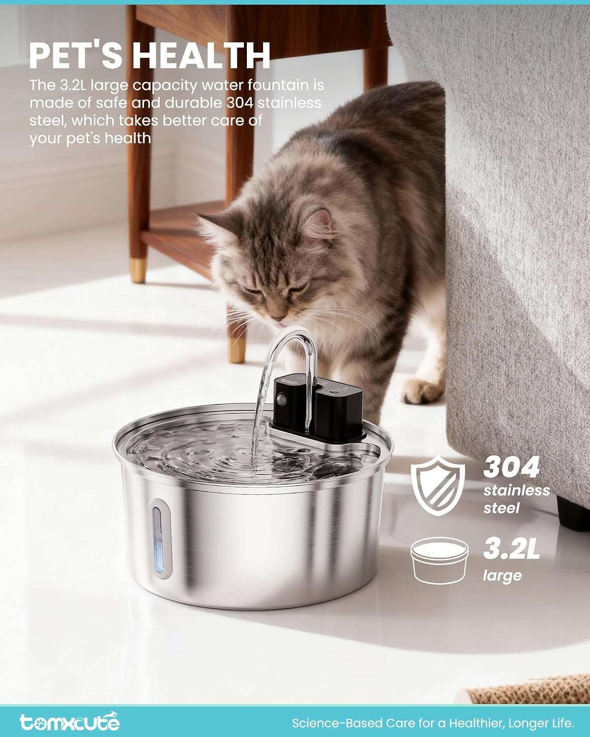 Fuente de agua inalambrica de 3.2 litros con plato de acero inoxidable sensor de movimiento y bateria recargable para gatos y perros.