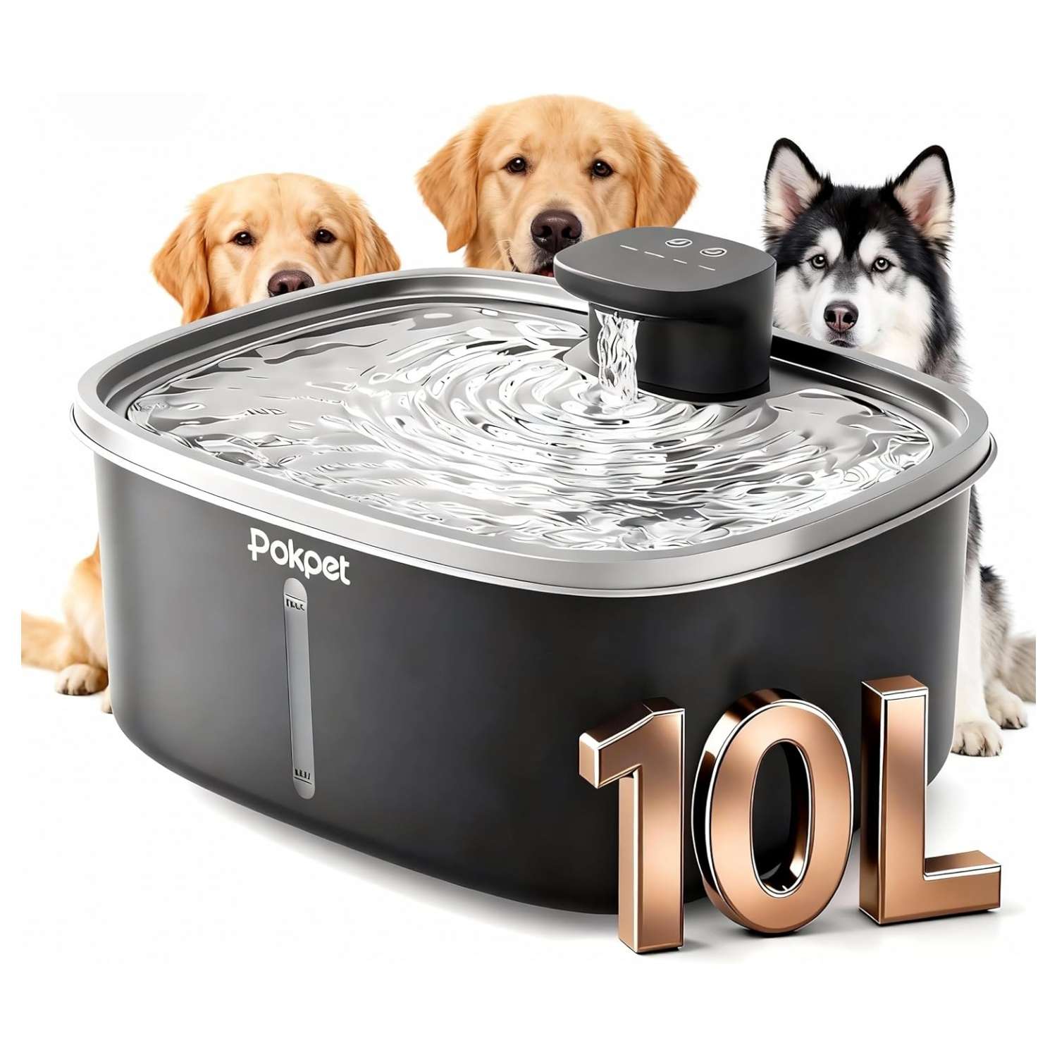 Fuente de agua inalambrica de 10 litros acero inoxidable para perros grandes con sensor de movimiento y bateria de 60 dias.