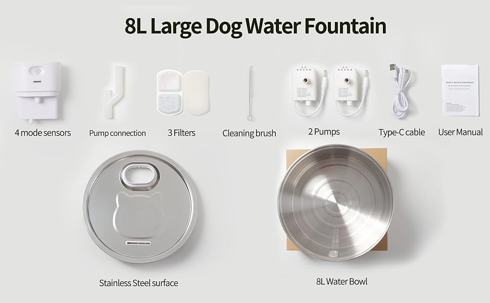 Fuente de agua inalambrica de acero inoxidable 11 litros con 15 filtros sensor de movimiento y bomba de repuesto para perros y gatos.