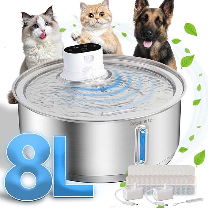 Fuente de agua inalambrica de acero inoxidable 11 litros con 15 filtros sensor de movimiento y bomba de repuesto para perros y gatos.