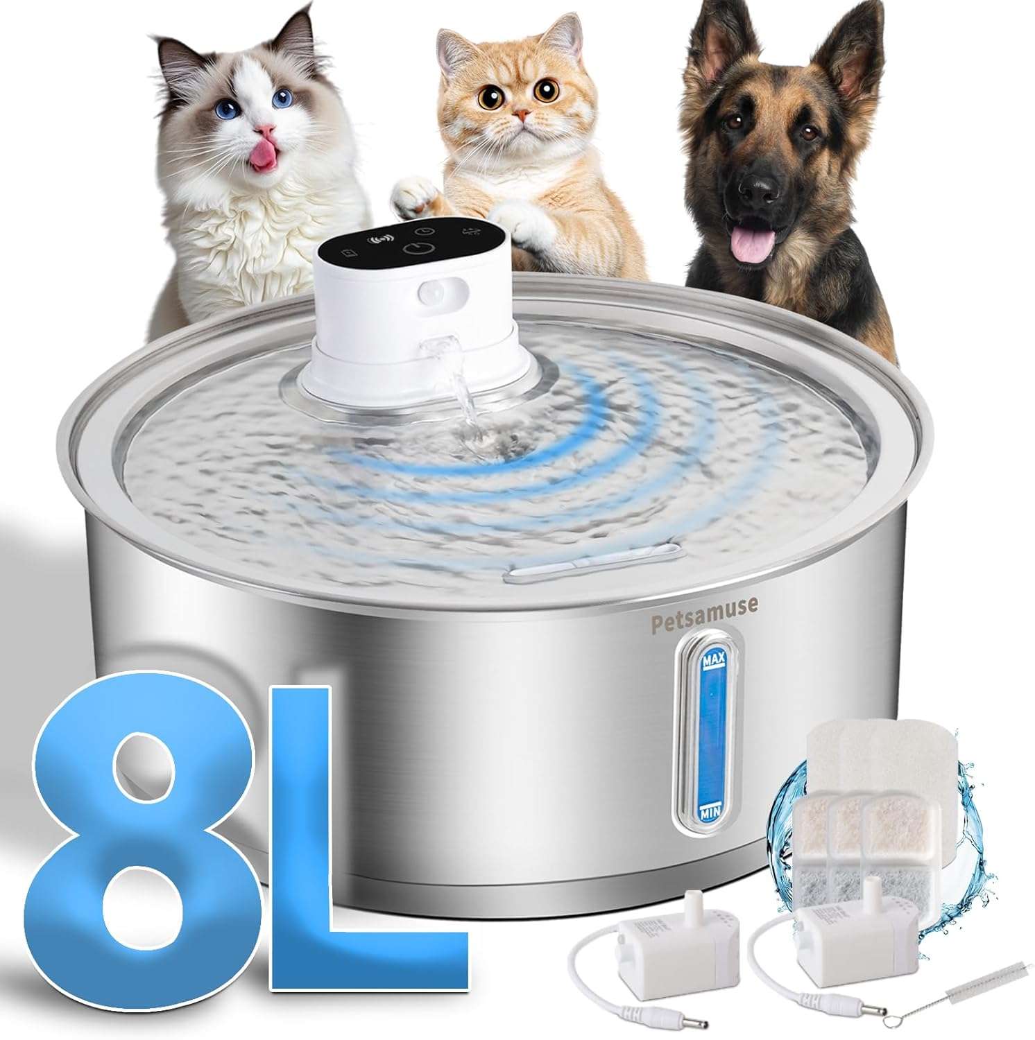 Fuente de agua inalambrica de acero inoxidable 11 litros con 15 filtros sensor de movimiento y bomba de repuesto para perros y gatos.
