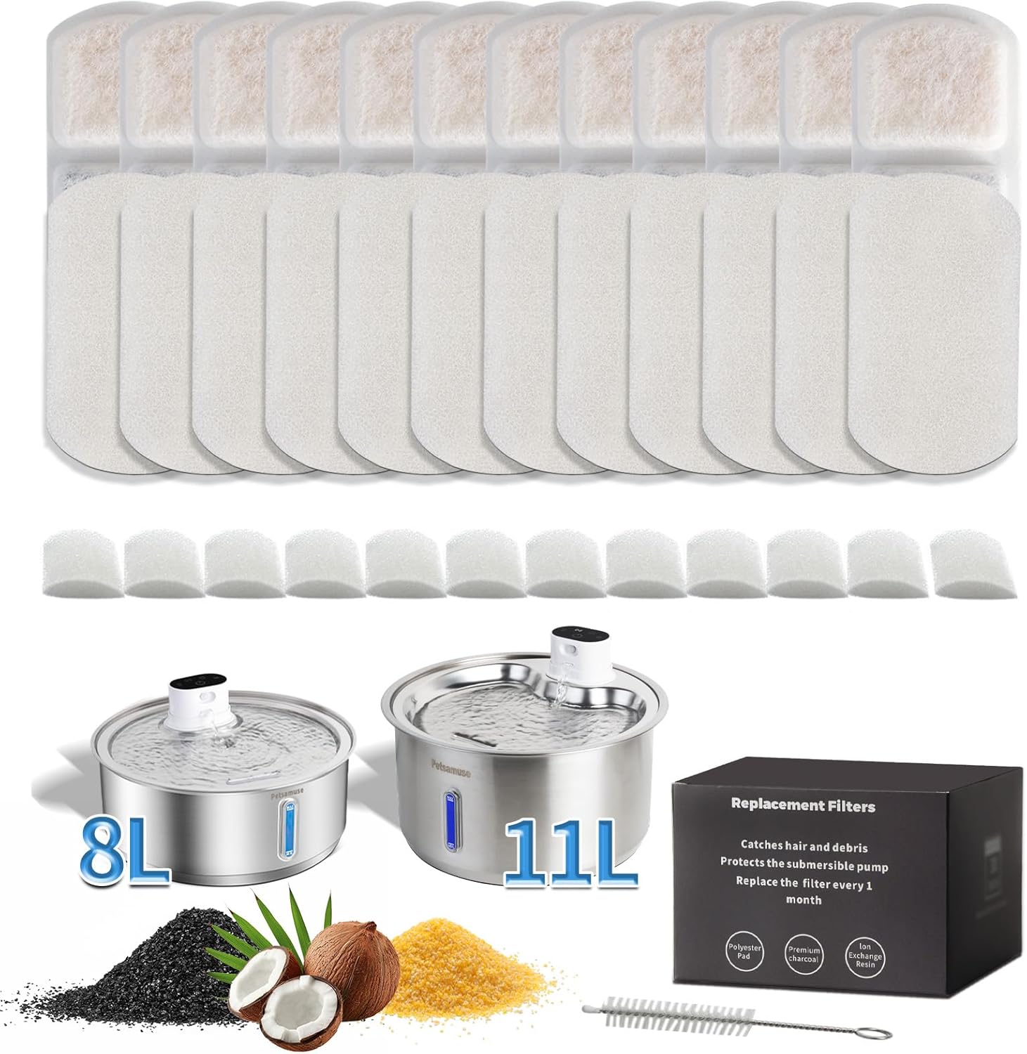 Fuente de agua inalambrica de acero inoxidable 11 litros con 15 filtros sensor de movimiento y bomba de repuesto para perros y gatos.