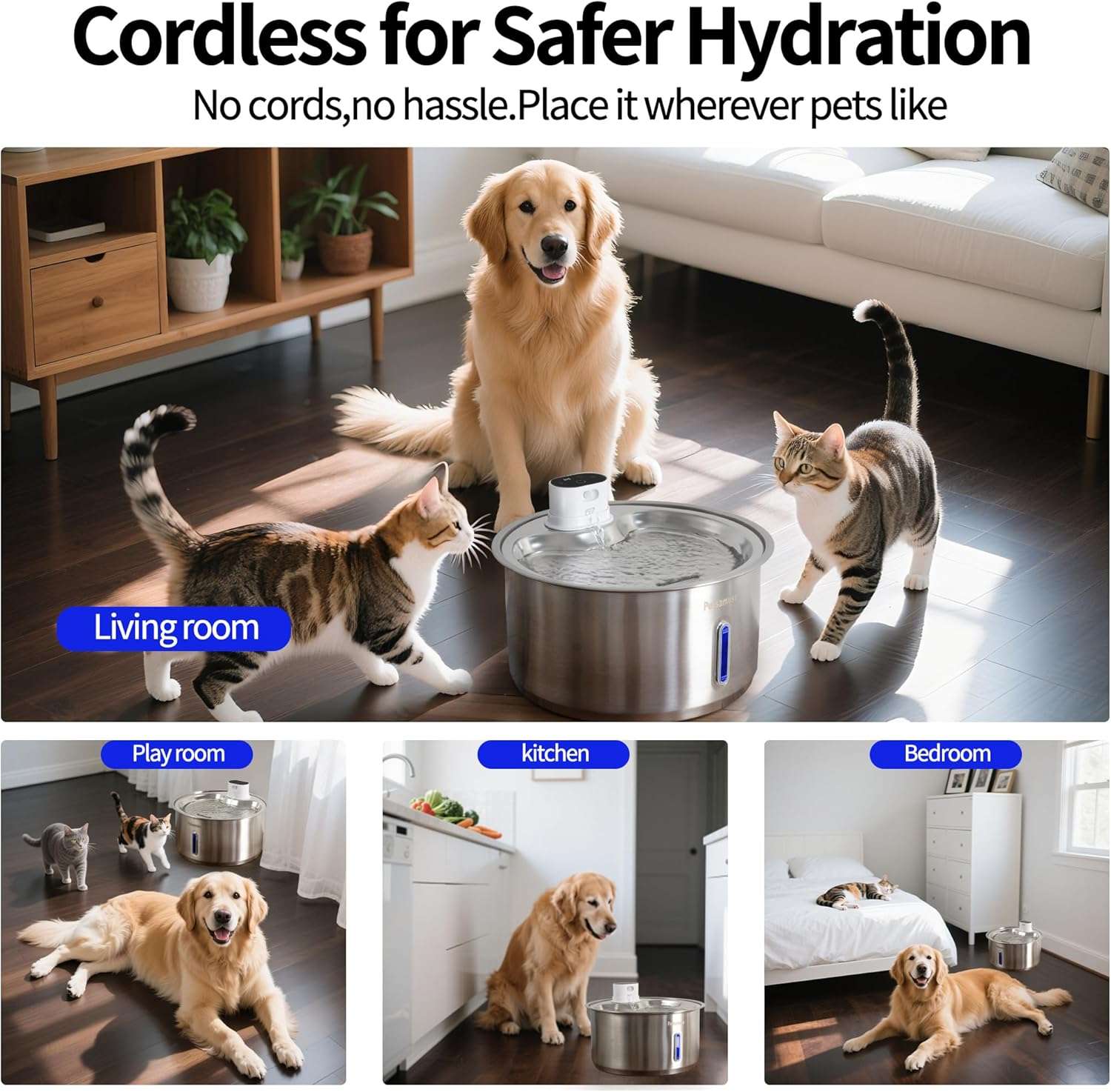 Fuente de agua inalambrica de acero inoxidable 11 litros con 15 filtros sensor de movimiento y bomba de repuesto para perros y gatos.