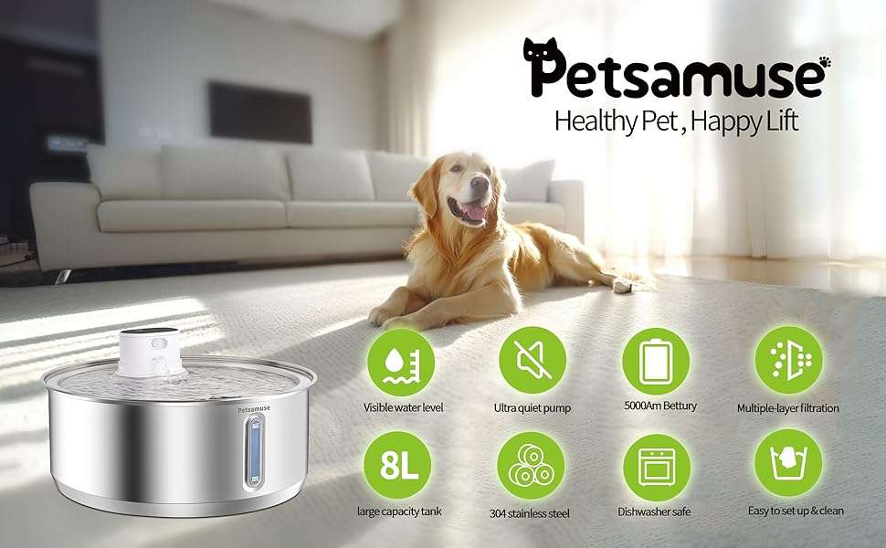 Fuente de agua inalambrica de acero inoxidable 11 litros con 15 filtros sensor de movimiento y bomba de repuesto para perros y gatos.