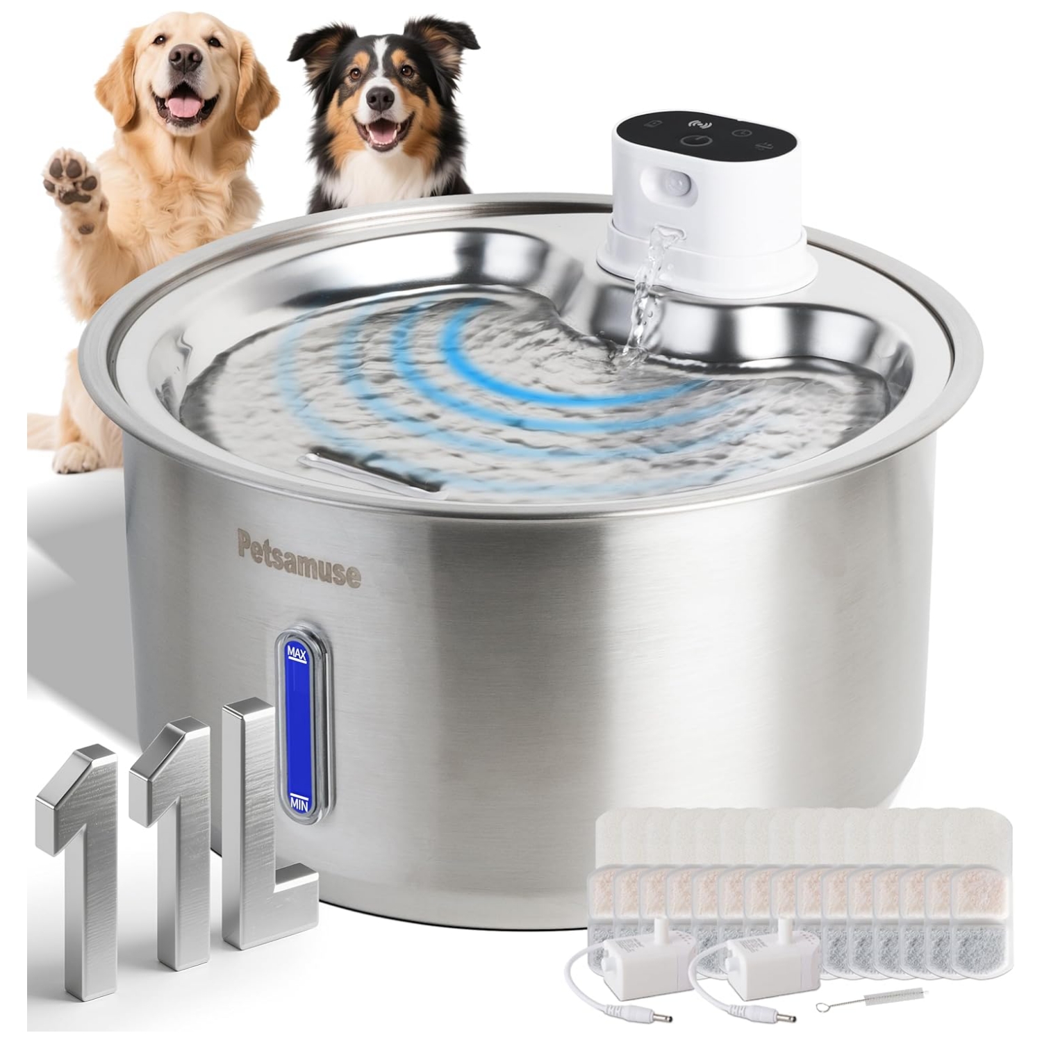 Fuente de agua inalambrica de acero inoxidable 11 litros con 15 filtros sensor de movimiento y bomba de repuesto para perros y gatos.