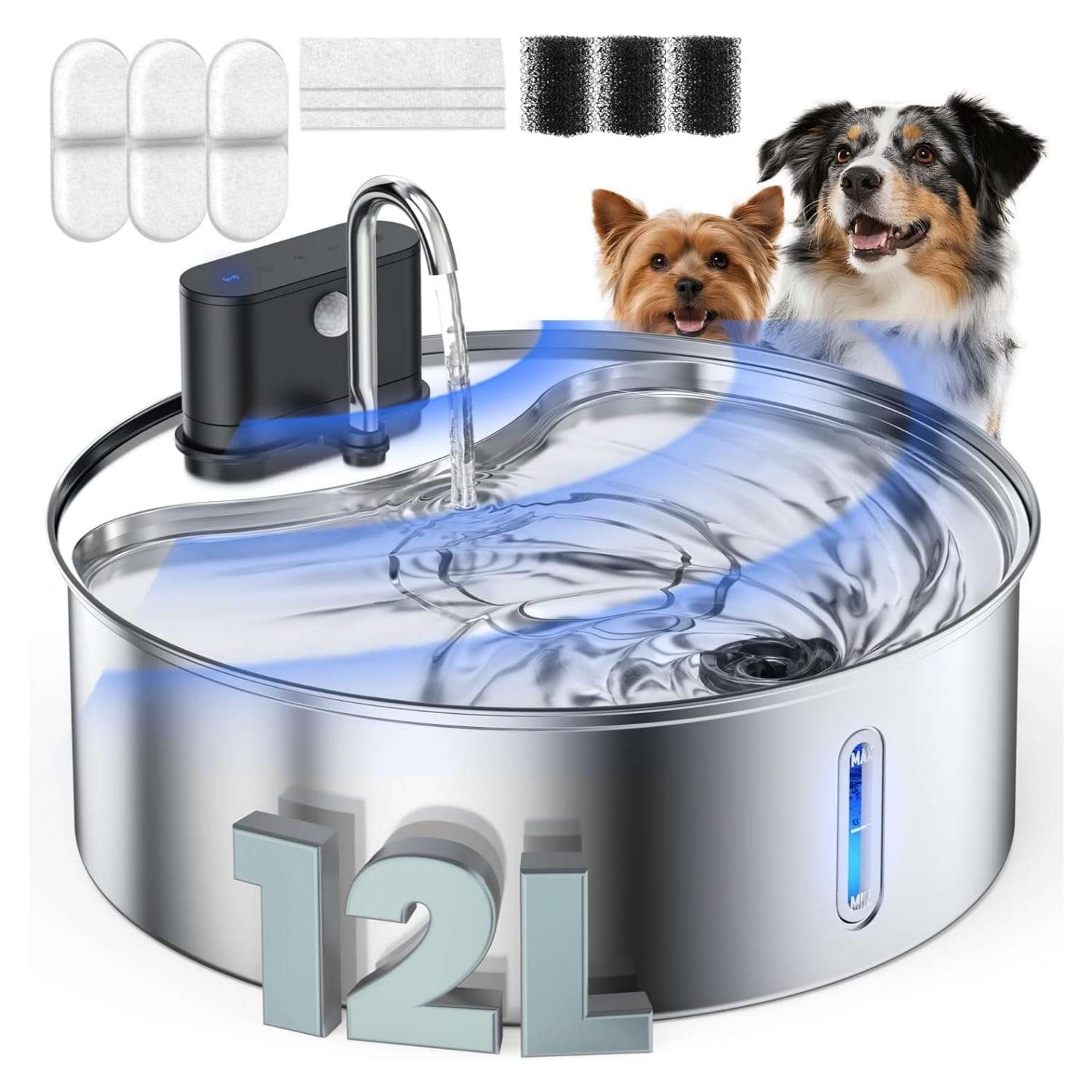 Fuente de agua inalambrica de acero inoxidable 12 litros para perros grandes y gatos con sensor de movimiento y bateria recargable.