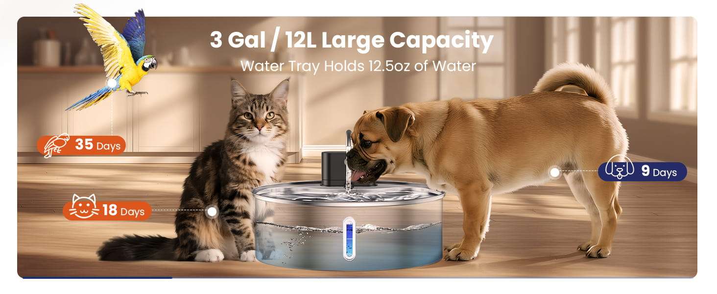 Fuente de agua inalambrica de acero inoxidable 12 litros para perros grandes y gatos con sensor de movimiento y bateria recargable.