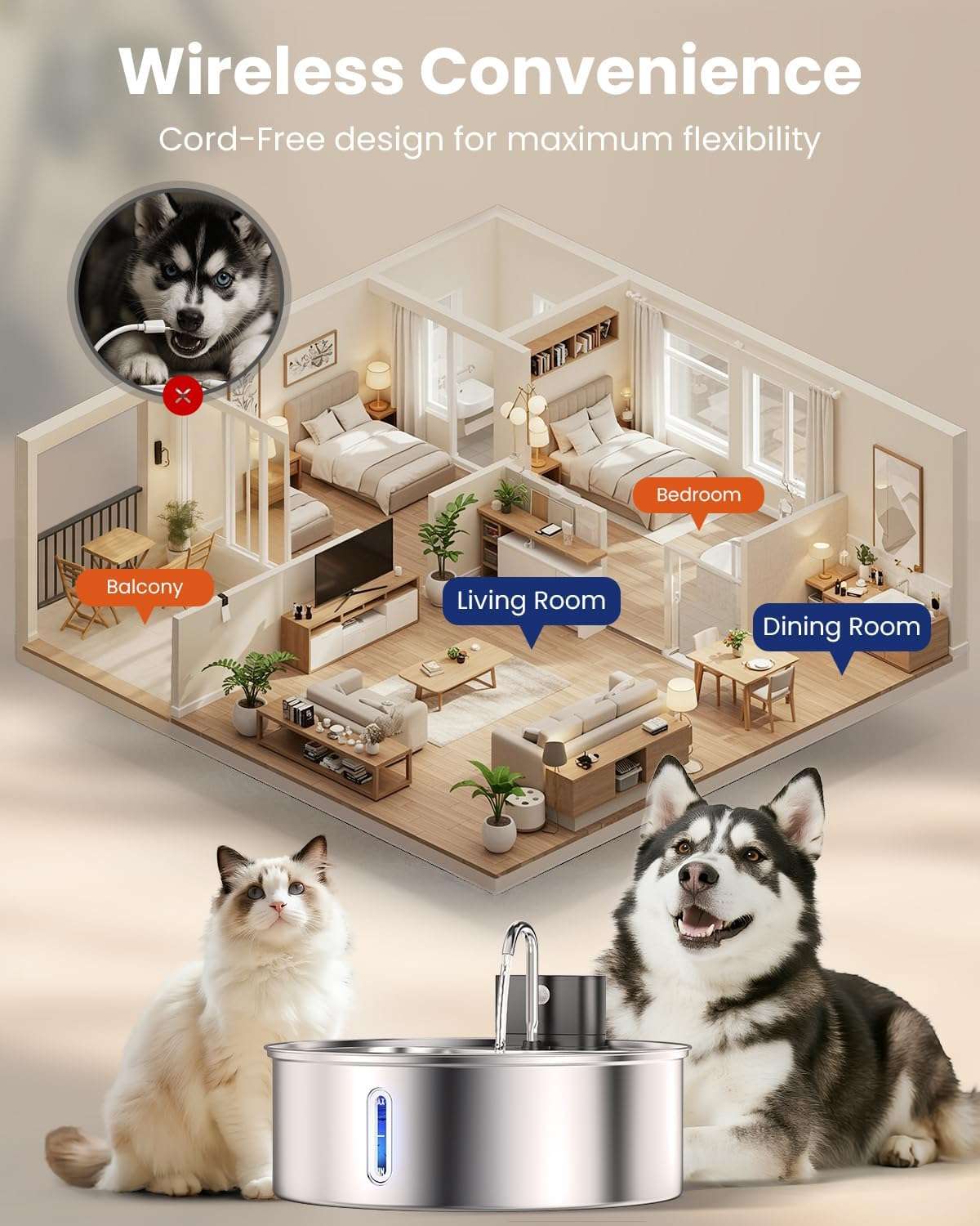 Fuente de agua inalambrica de acero inoxidable 12 litros para perros grandes y gatos con sensor de movimiento y bateria recargable.