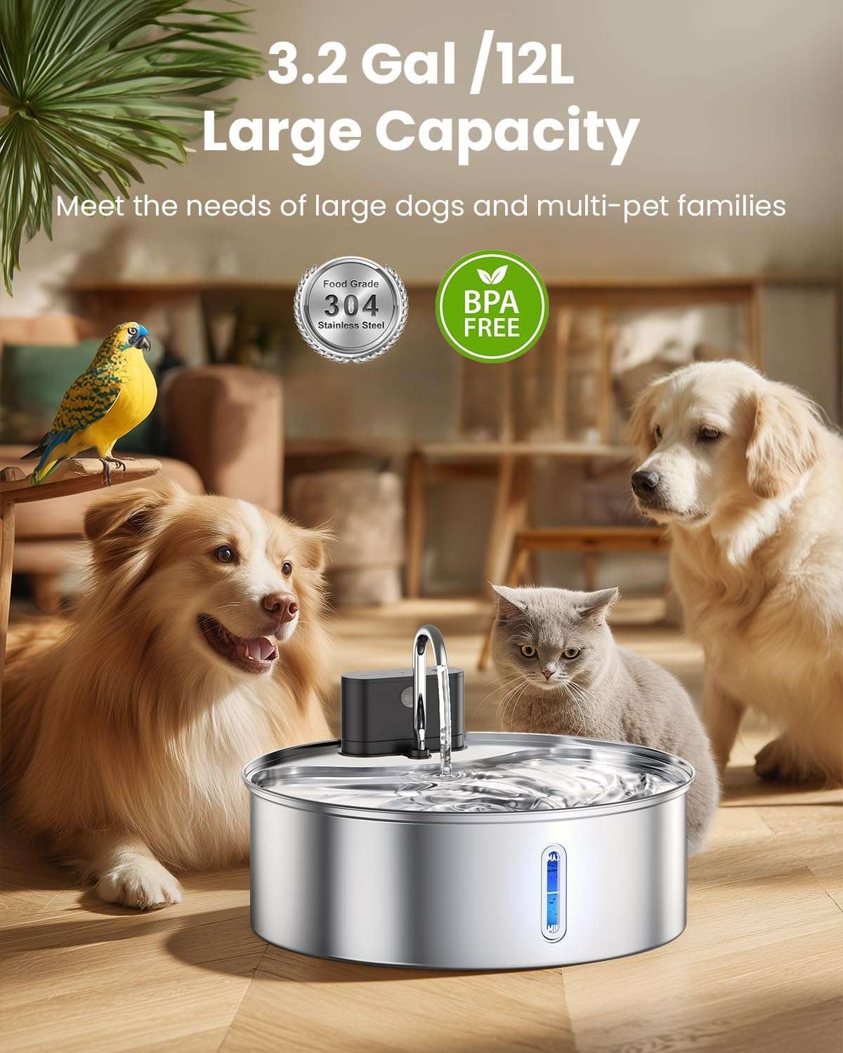 Fuente de agua inalambrica de acero inoxidable 12 litros para perros grandes y gatos con sensor de movimiento y bateria recargable.