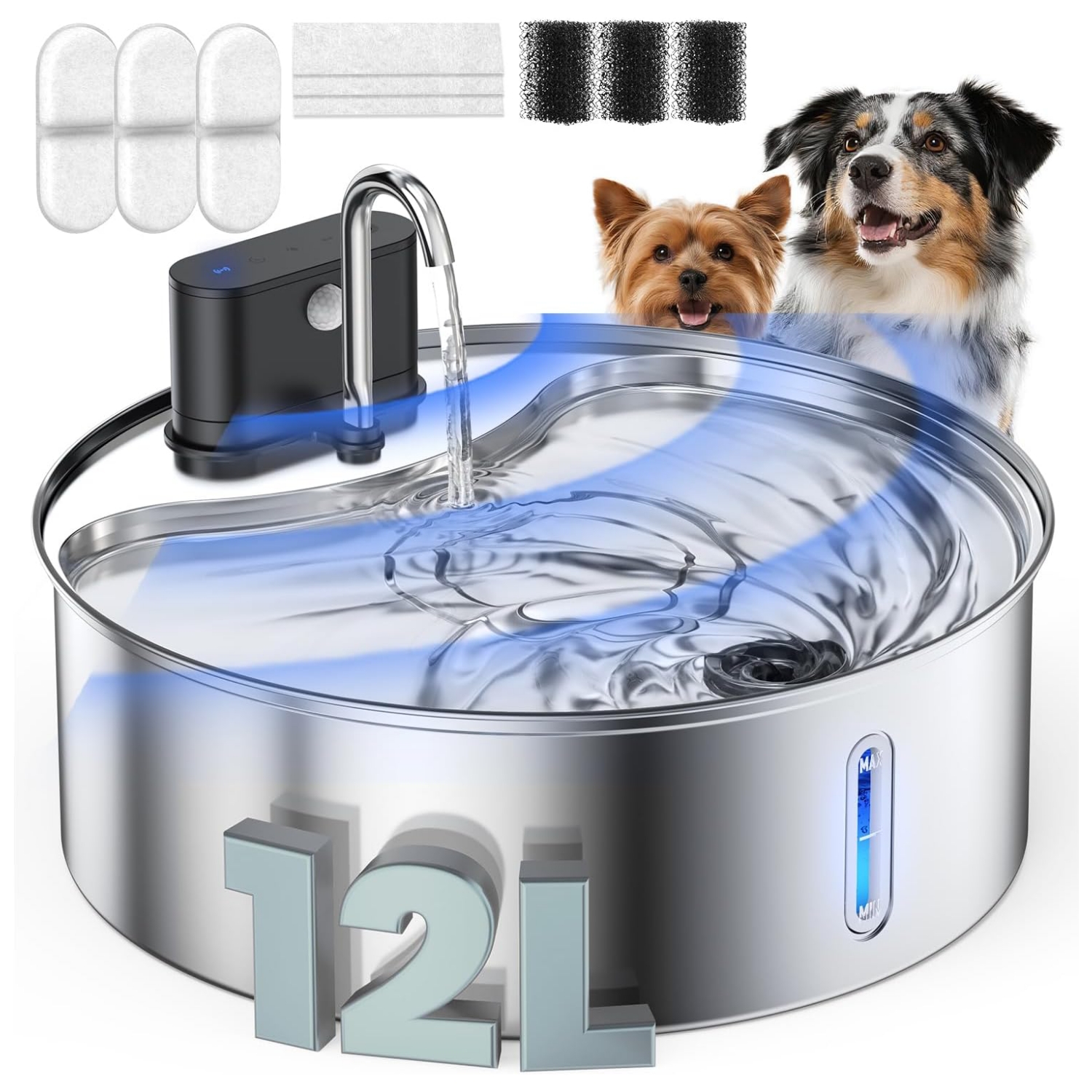 Fuente de agua inalambrica de acero inoxidable 12 litros para perros grandes y gatos con sensor de movimiento y bateria recargable.