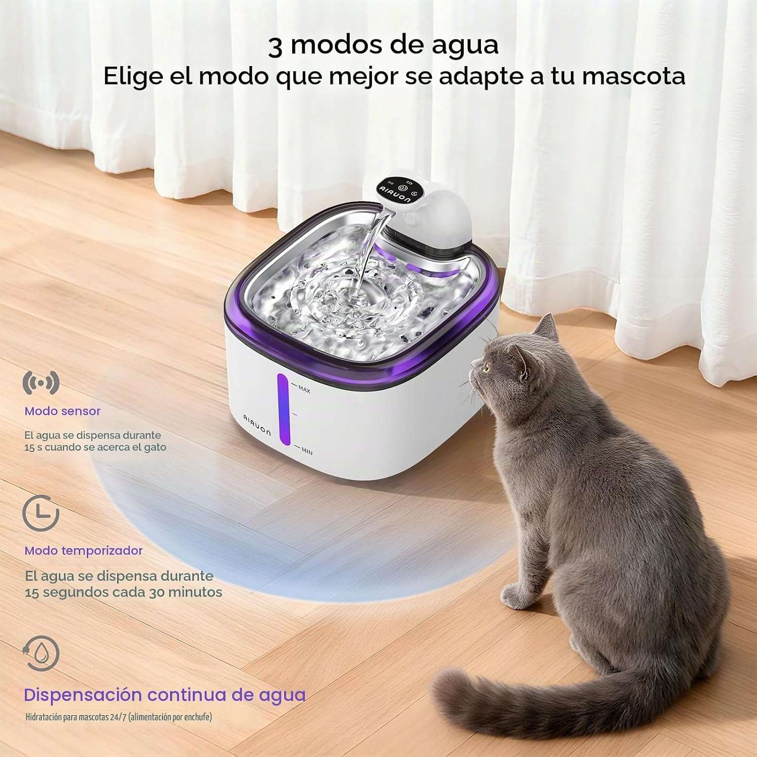 Fuente de agua inalambrica de 3.5 litros con bandeja de acero inoxidable sensor de movimiento y pack de 5 filtros incluidos.