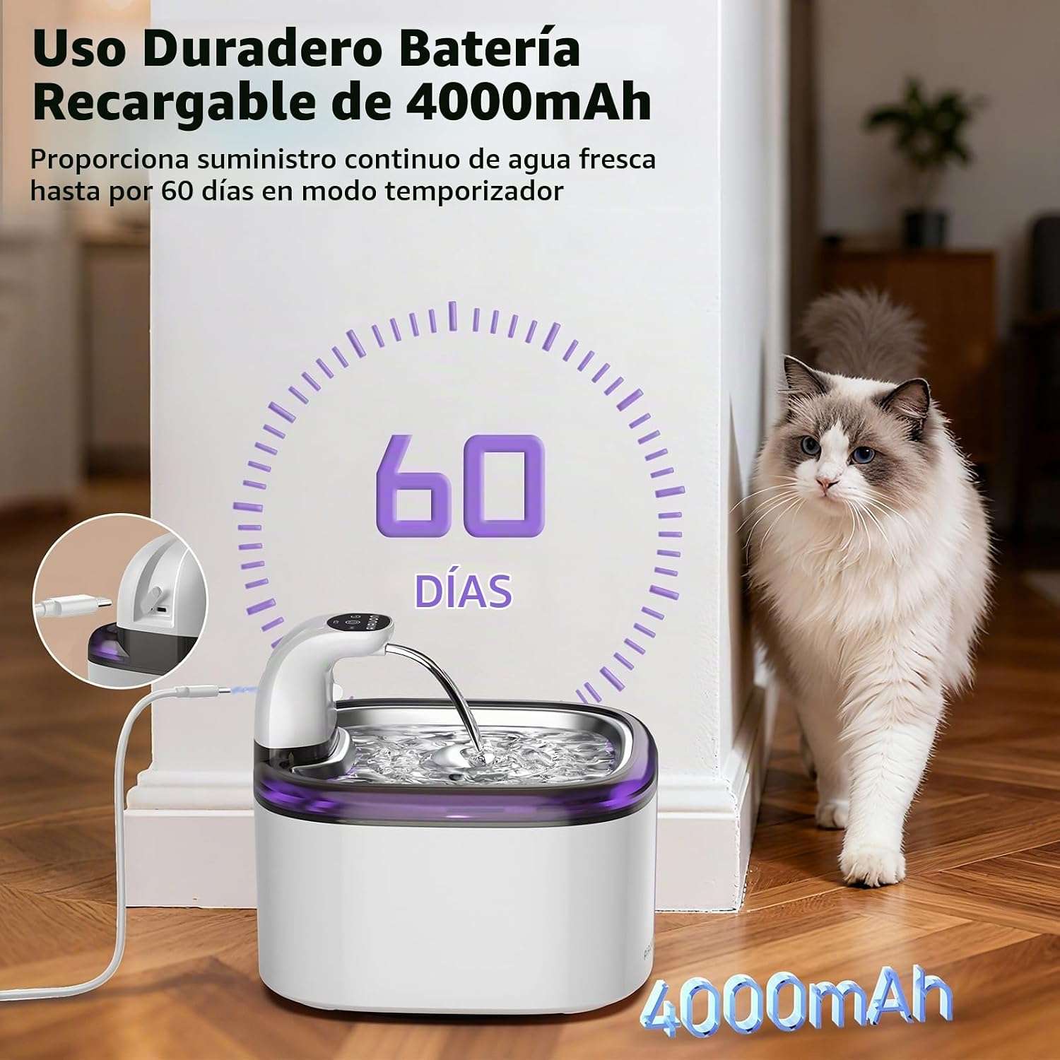 Fuente de agua inalambrica de 3.5 litros con bandeja de acero inoxidable sensor de movimiento y pack de 5 filtros incluidos.