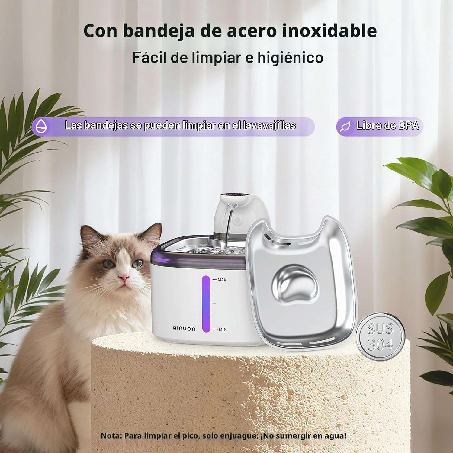 Fuente de agua inalambrica de 3.5 litros con bandeja de acero inoxidable sensor de movimiento y pack de 5 filtros incluidos.