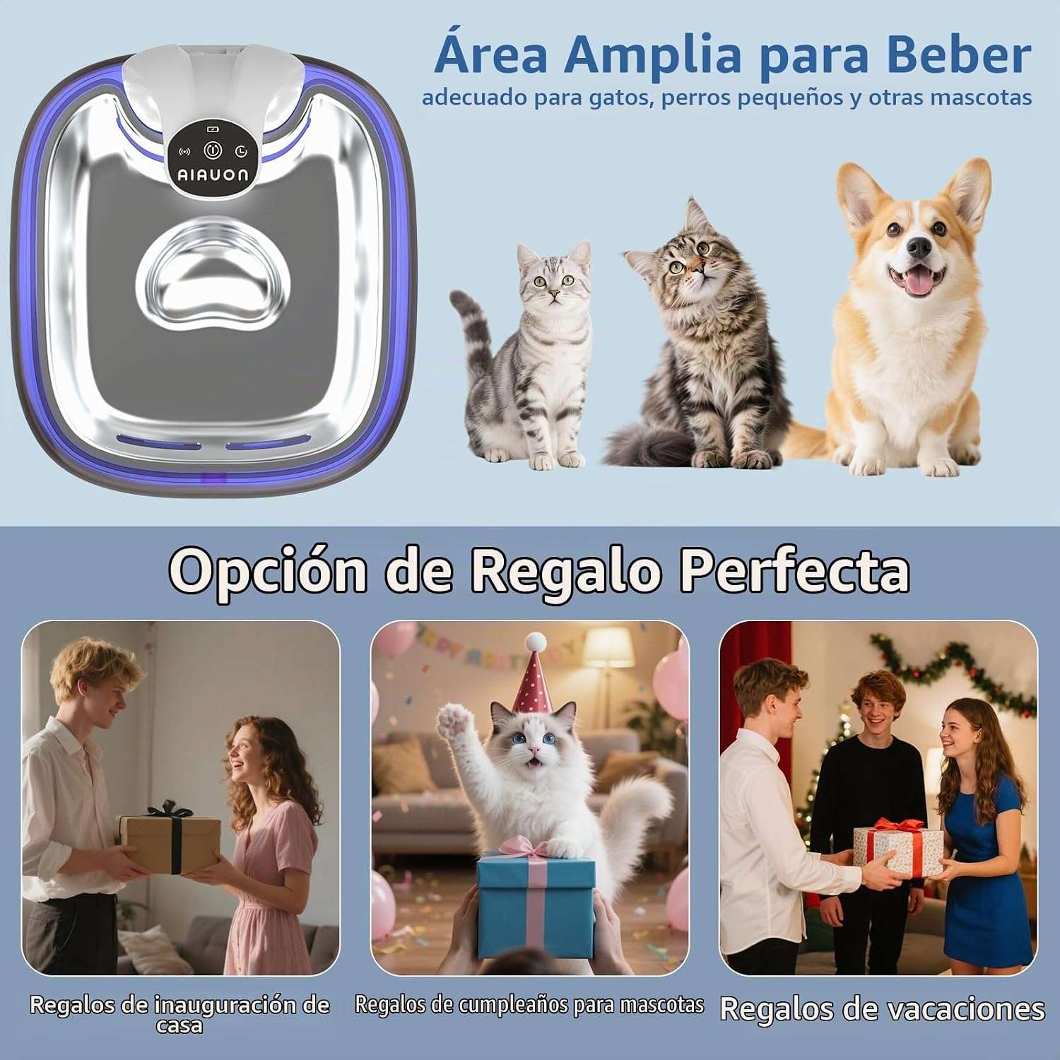 Fuente de agua inalambrica de 3.5 litros con bandeja de acero inoxidable sensor de movimiento y pack de 5 filtros incluidos.