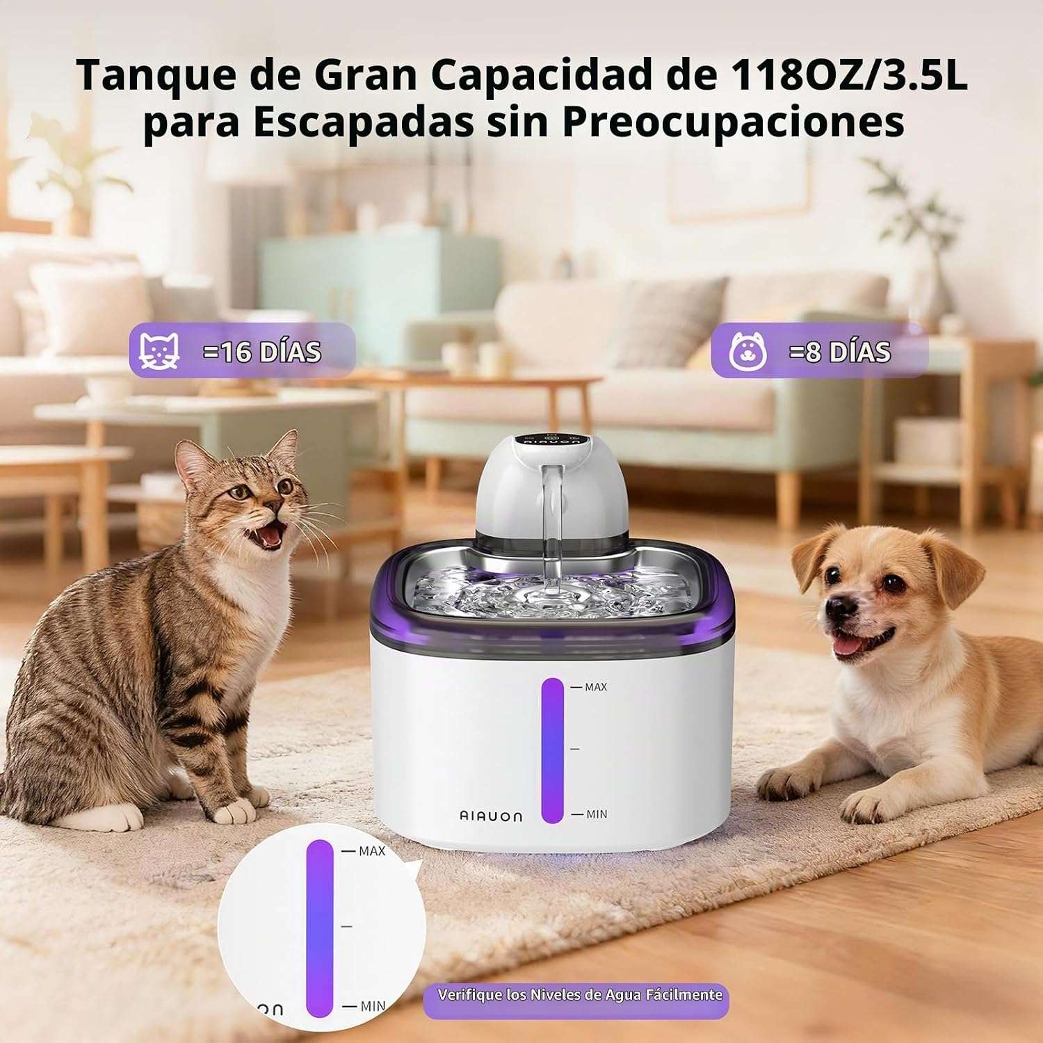 Fuente de agua inalambrica de 3.5 litros con bandeja de acero inoxidable sensor de movimiento y pack de 5 filtros incluidos.