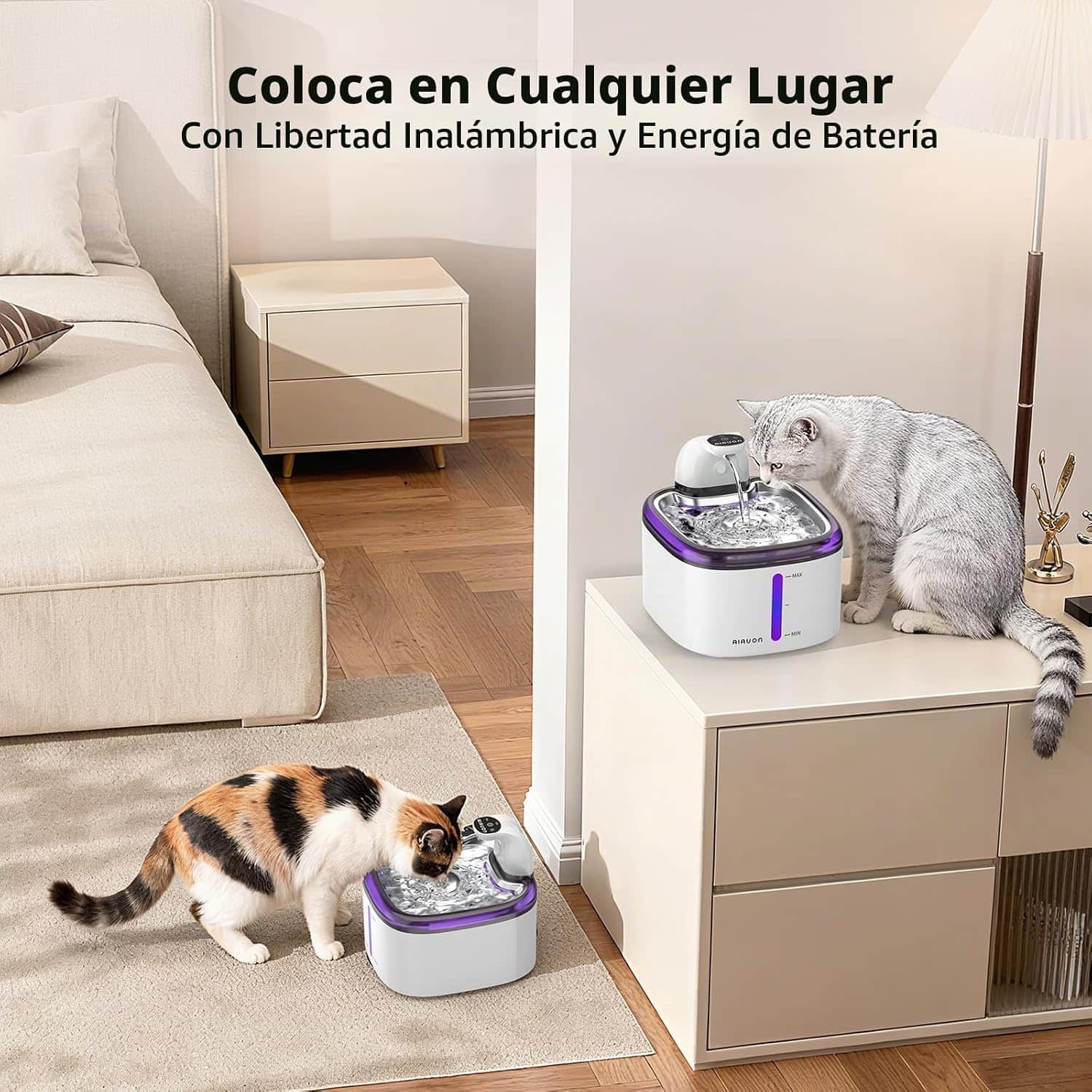 Fuente de agua inalambrica de 3.5 litros con bandeja de acero inoxidable sensor de movimiento y pack de 5 filtros incluidos.