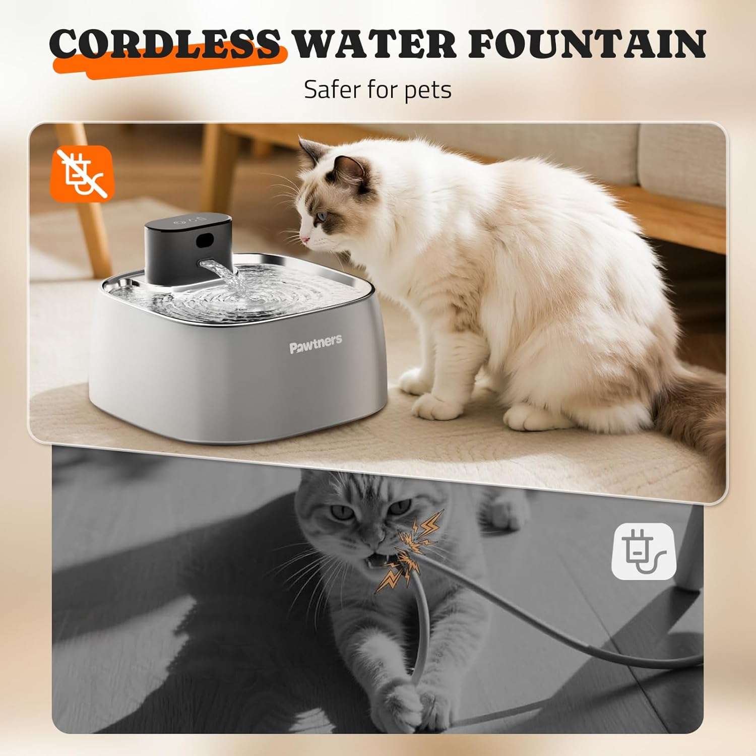 Fuente de agua inalambrica 3.2 litros acero inoxidable para gatos y perros con sensor de movimiento y motor externo de seguridad.