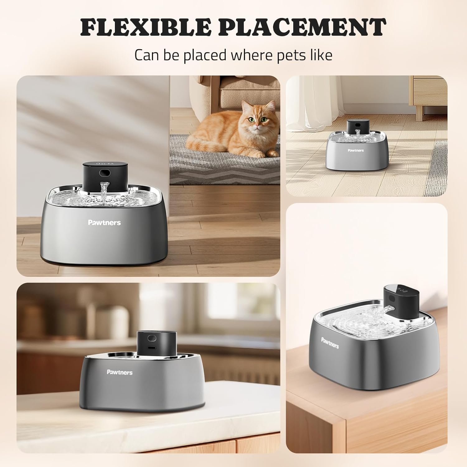 Fuente de agua inalambrica 3.2 litros acero inoxidable para gatos y perros con sensor de movimiento y motor externo de seguridad.