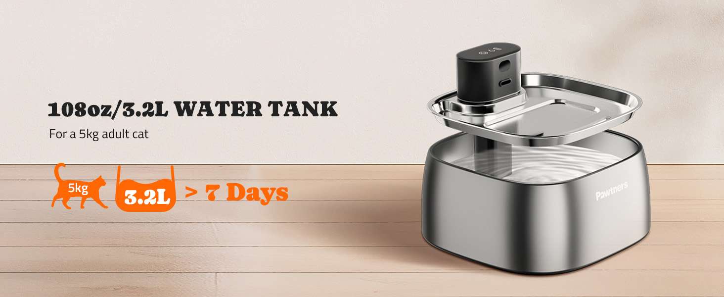 Fuente de agua inalambrica 3.2 litros acero inoxidable para gatos y perros con sensor de movimiento y motor externo de seguridad.