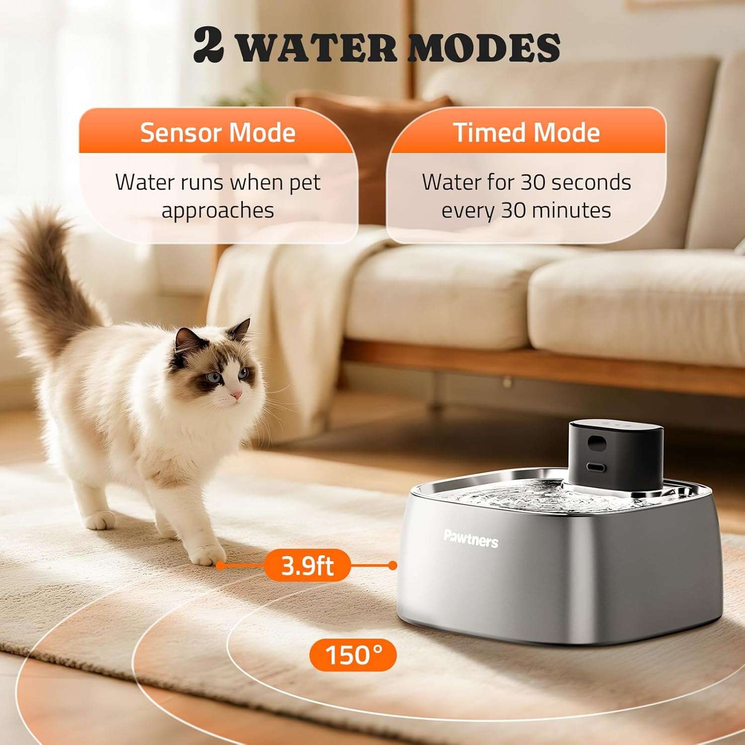 Fuente de agua inalambrica 3.2 litros acero inoxidable para gatos y perros con sensor de movimiento y motor externo de seguridad.