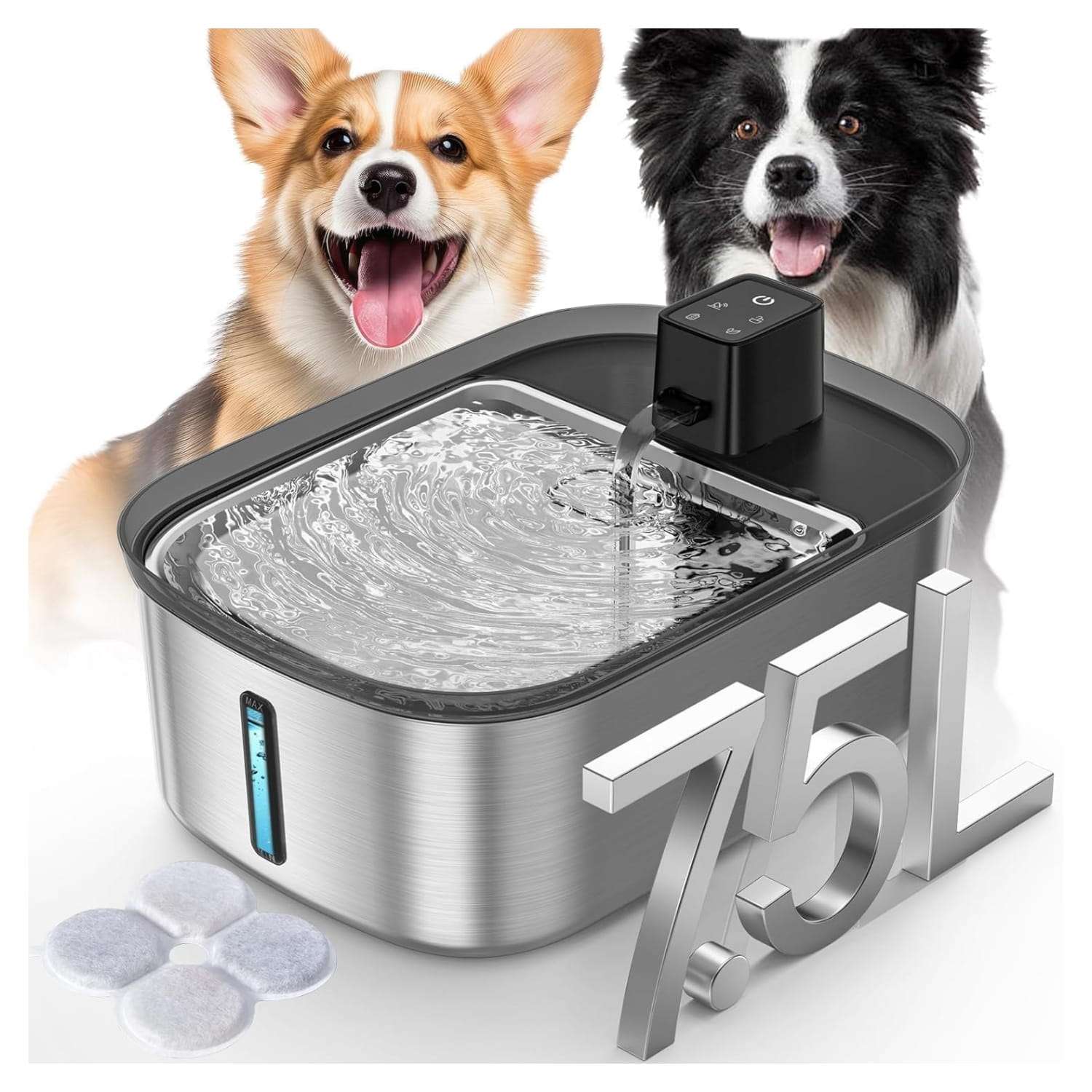 Fuente de agua hibrida inalambrica de acero inoxidable 7.5 litros para perros grandes con sensor de movimiento y flujo silencioso.