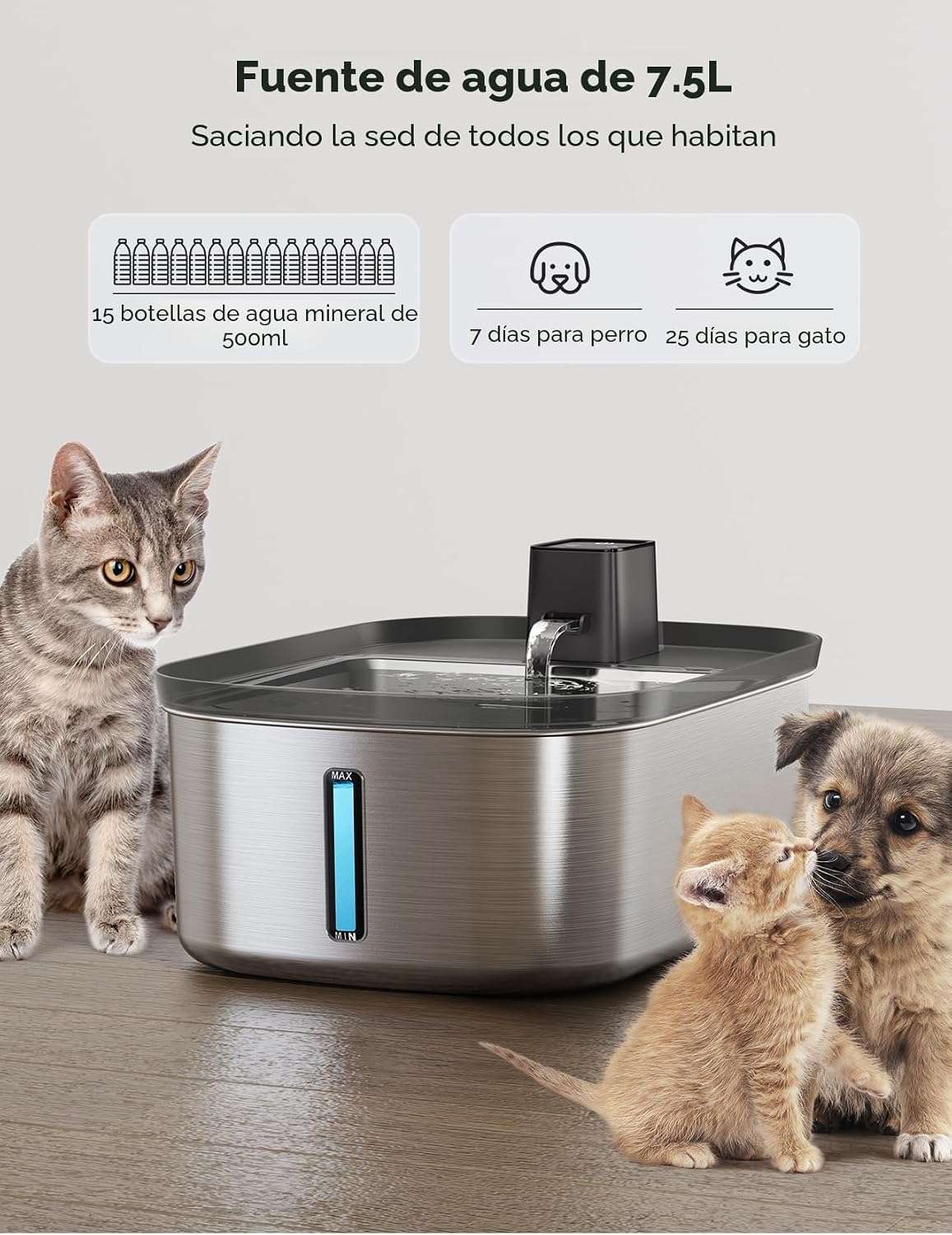 Fuente de agua hibrida inalambrica de acero inoxidable 7.5 litros para perros grandes con sensor de movimiento y flujo silencioso.