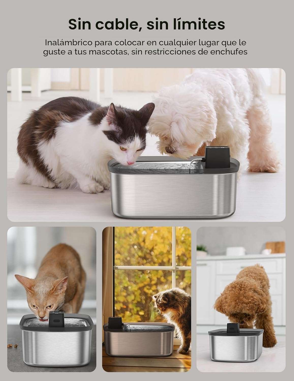 Fuente de agua hibrida inalambrica de acero inoxidable 7.5 litros para perros grandes con sensor de movimiento y flujo silencioso.