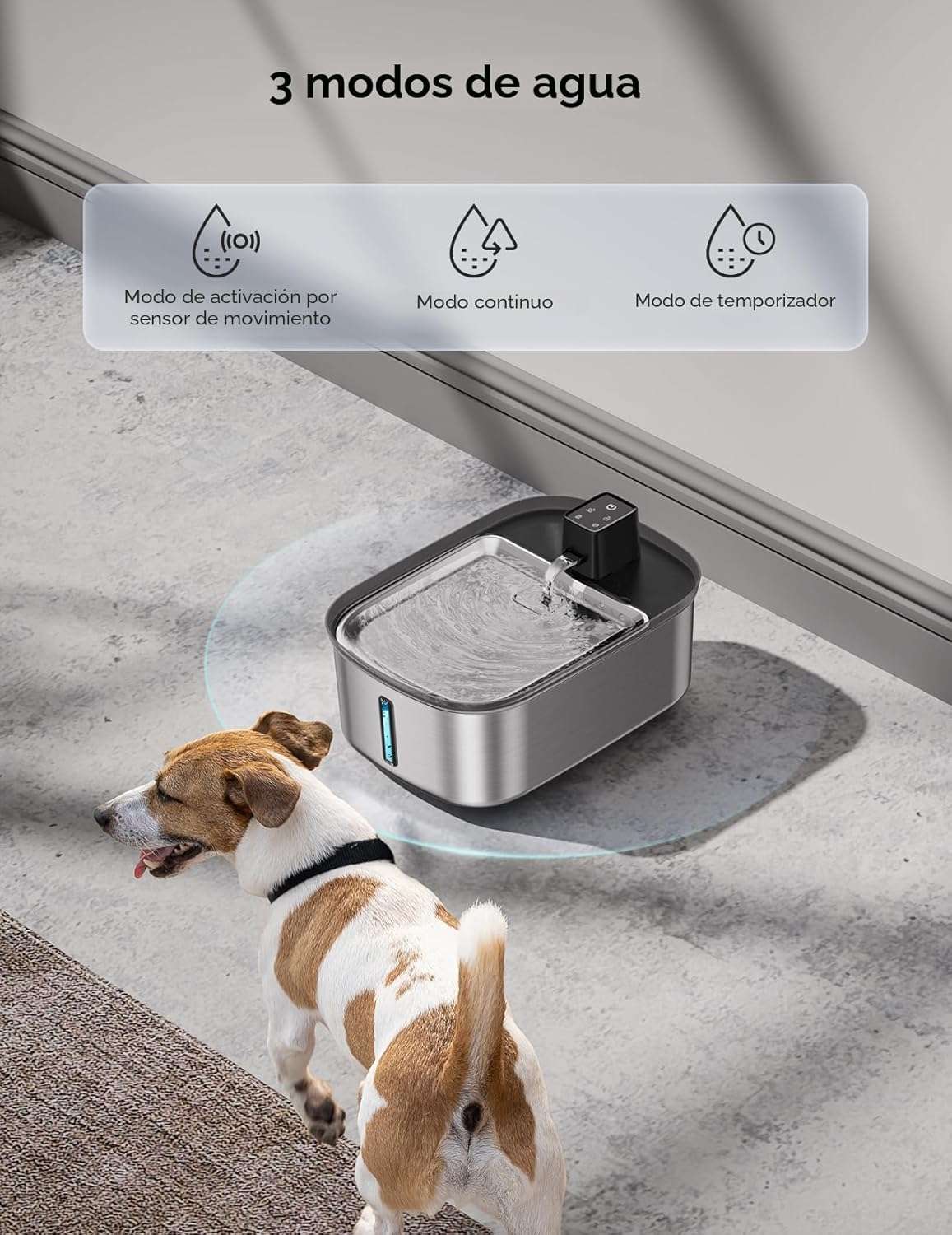 Fuente de agua hibrida inalambrica de acero inoxidable 7.5 litros para perros grandes con sensor de movimiento y flujo silencioso.